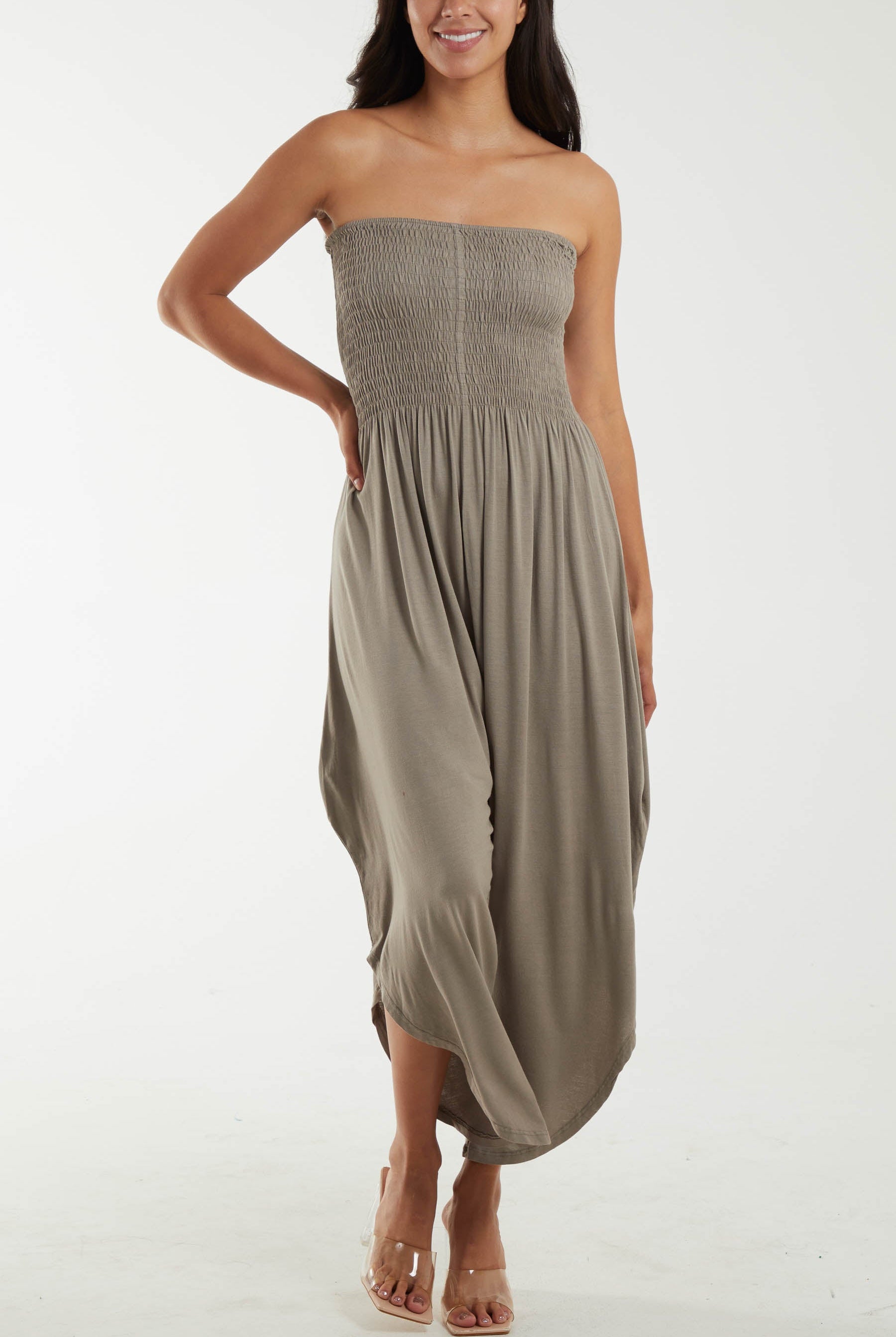 Shirred Top Asymmetric Hem Strapless Jumpsuit Dresses WearAll Mocha One Size
