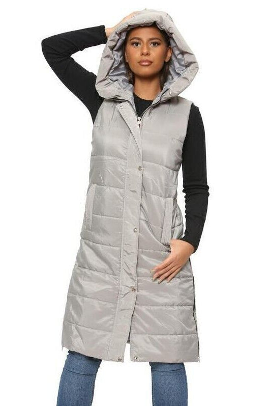 Long Line Hooded Puffer Gilet Jacket Zip Up Jacket WearAll Grey S
