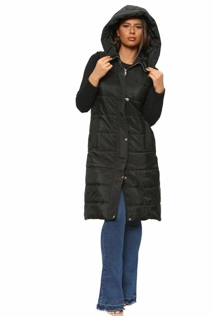 Long Line Hooded Puffer Gilet Jacket Zip Up Jacket WearAll
