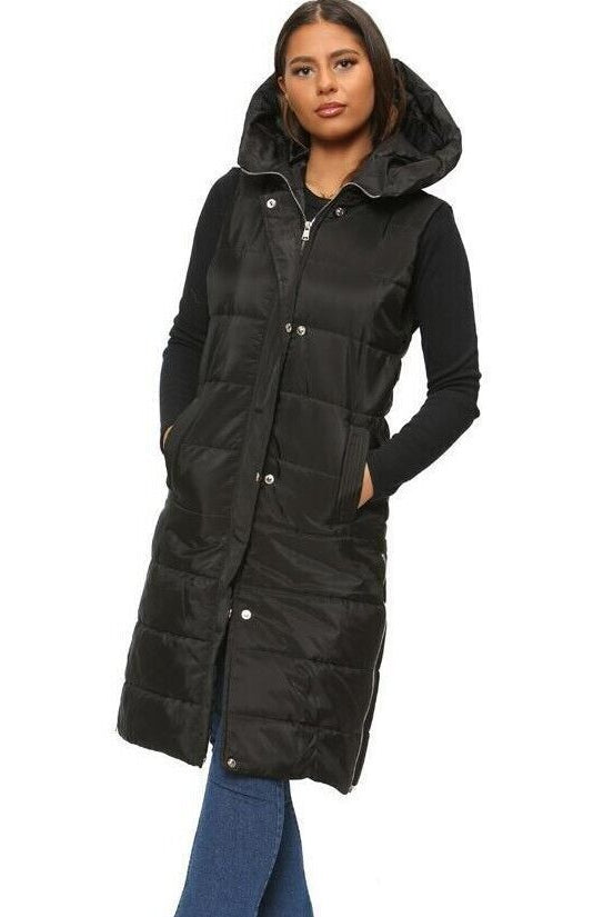 Long Line Hooded Puffer Gilet Jacket Zip Up Jacket WearAll Black S