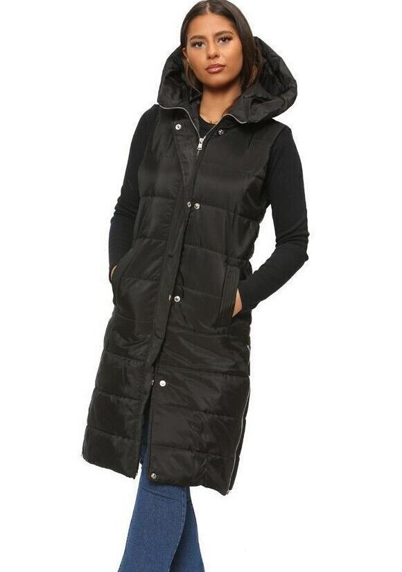 Long Line Hooded Puffer Gilet Jacket Zip Up Jacket WearAll Black S