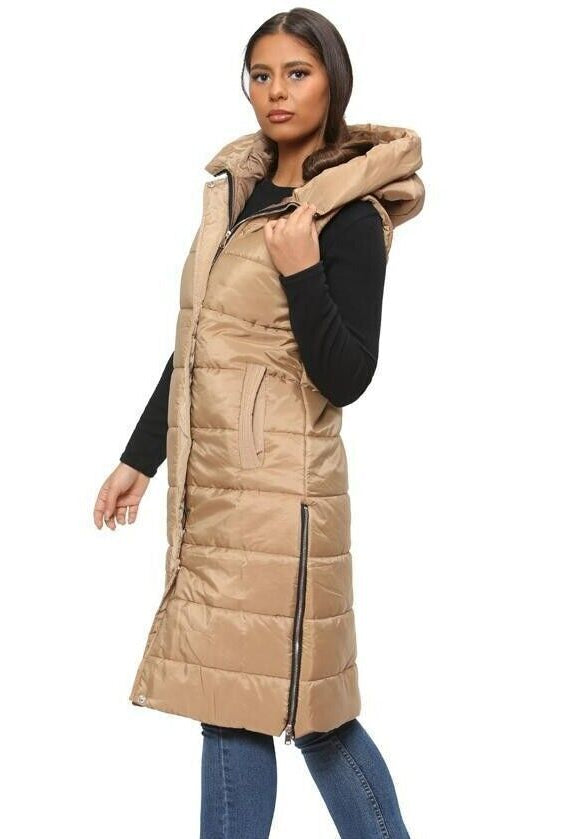 Long Line Hooded Puffer Gilet Jacket Zip Up Jacket WearAll Beige S