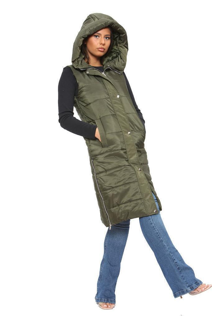 Long Line Hooded Puffer Gilet Jacket Zip Up Jacket WearAll Khaki S