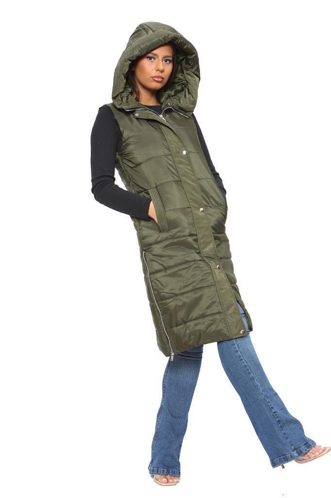 Long Line Hooded Puffer Gilet Jacket Zip Up Jacket WearAll Khaki S