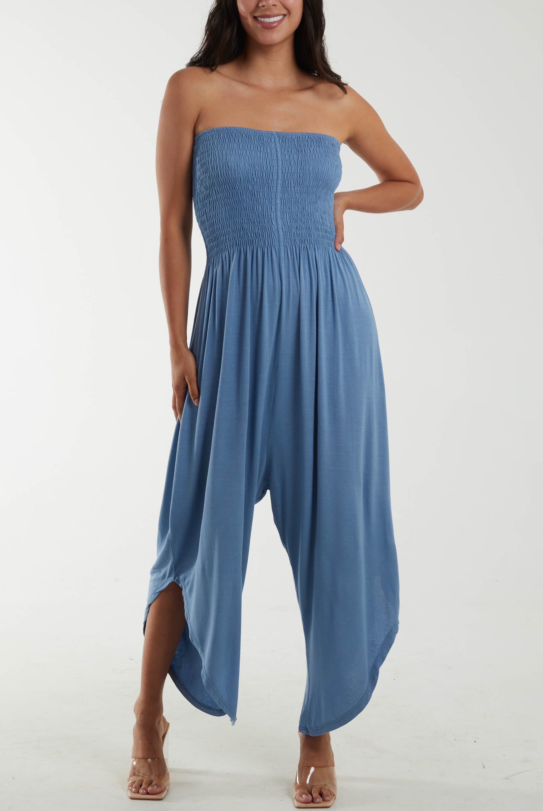 Shirred Top Asymmetric Hem Strapless Jumpsuit Dresses WearAll Denim One Size