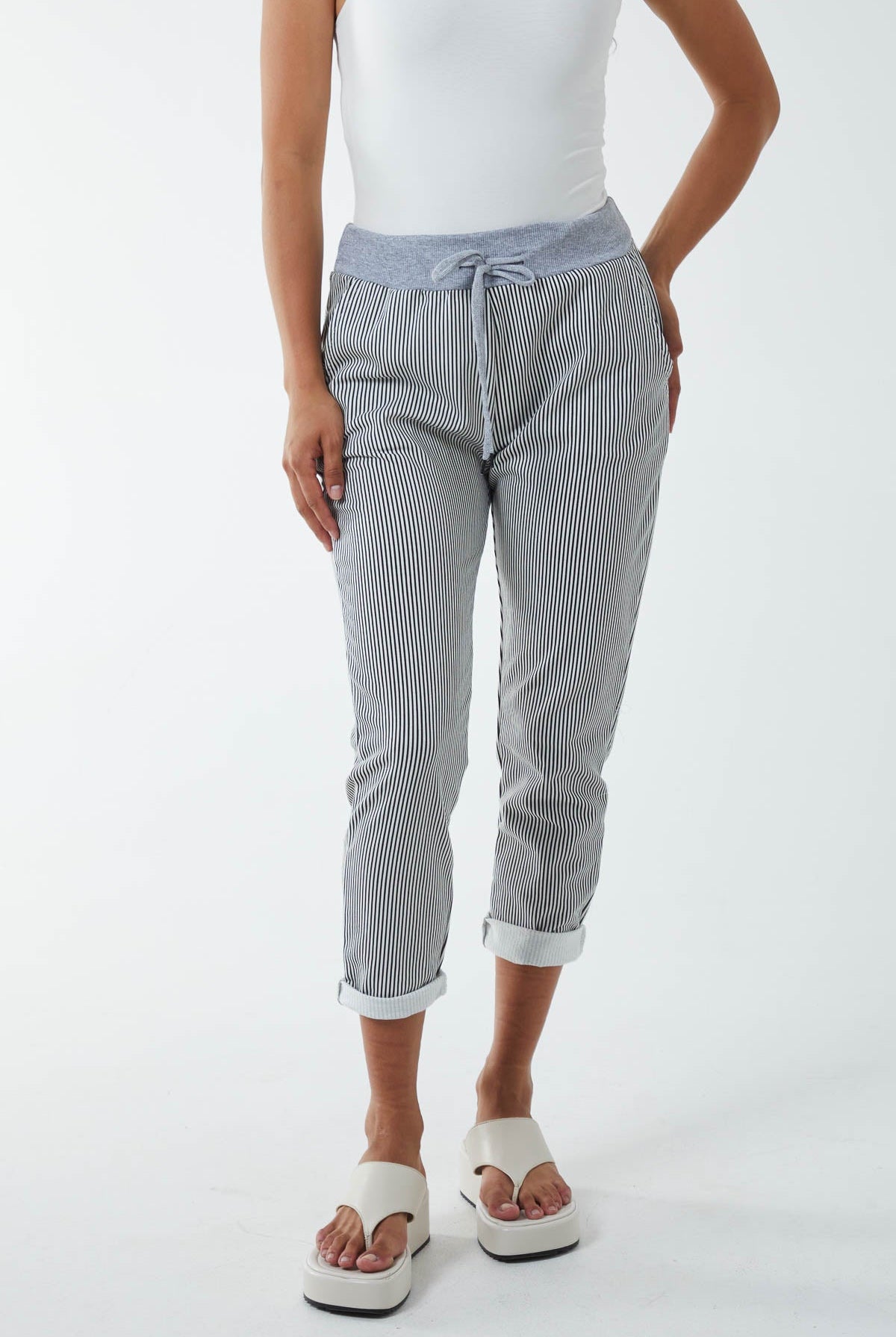 Pinstripe Contrast Waist Trousers Trousers WearAll Navy One Size