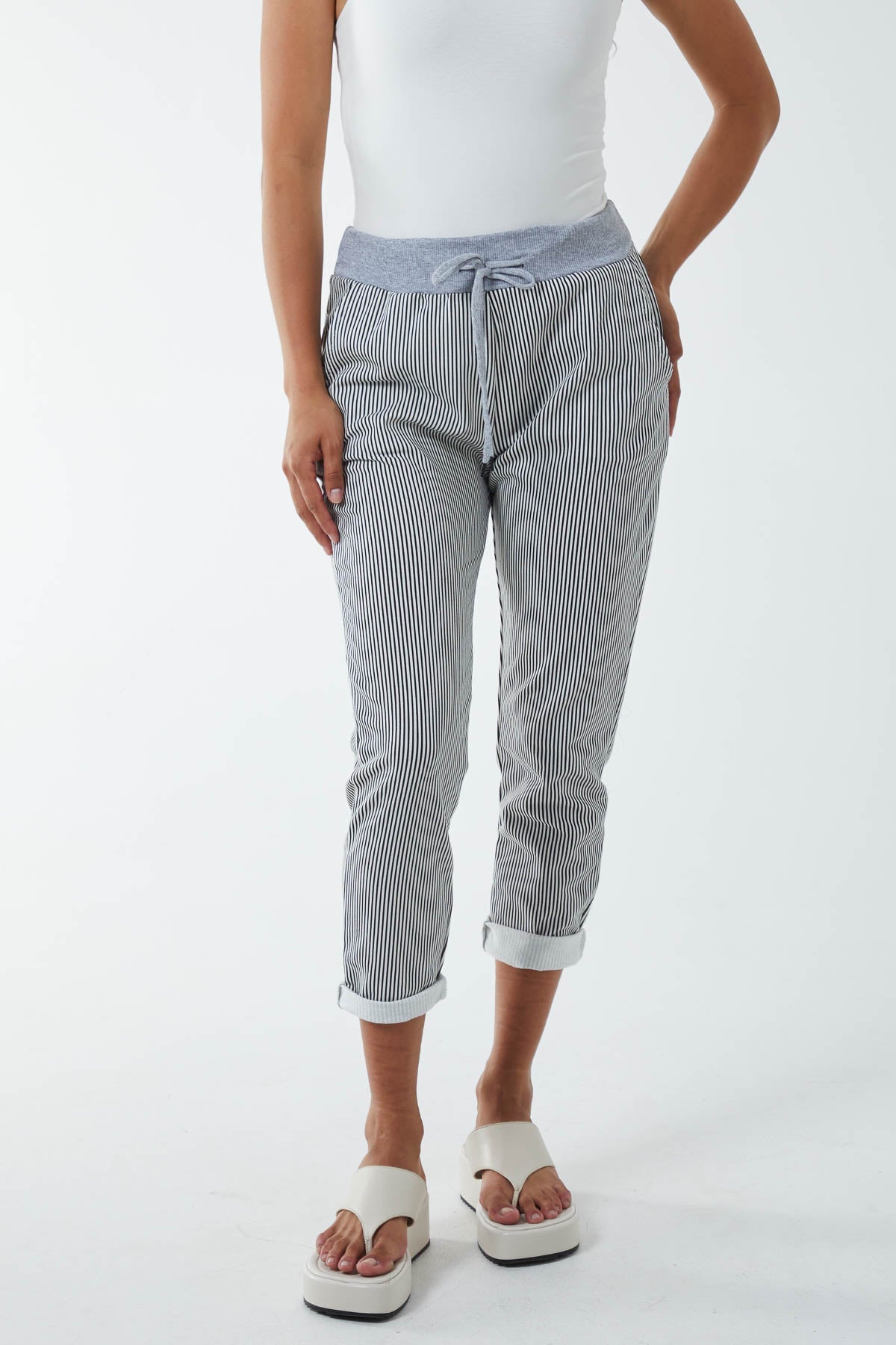 Pinstripe Contrast Waist Trousers Trousers WearAll Navy One Size