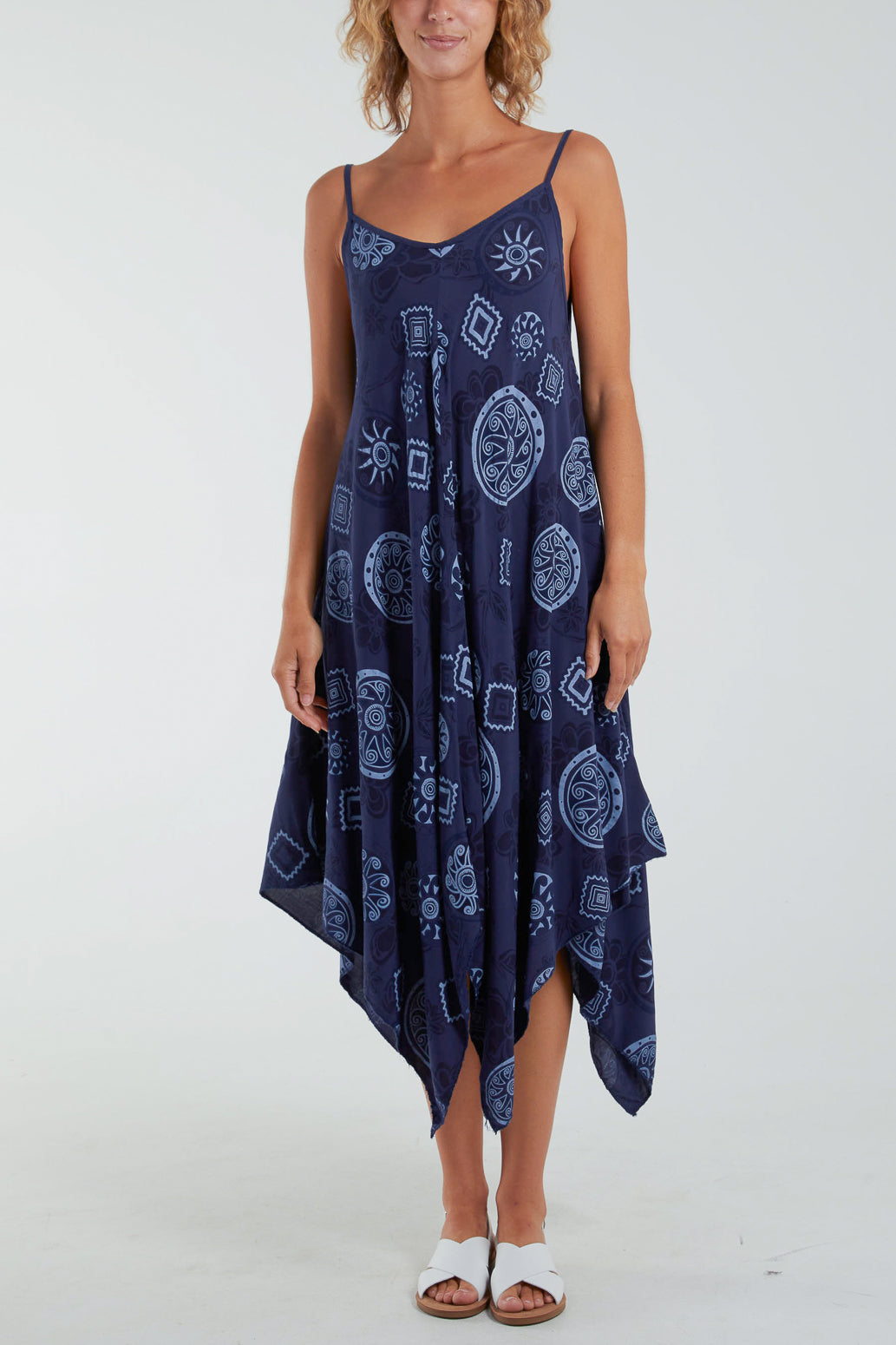 Geometric Tribal Hanky Hem Cami Dress Dresses WearAll Navy One Size