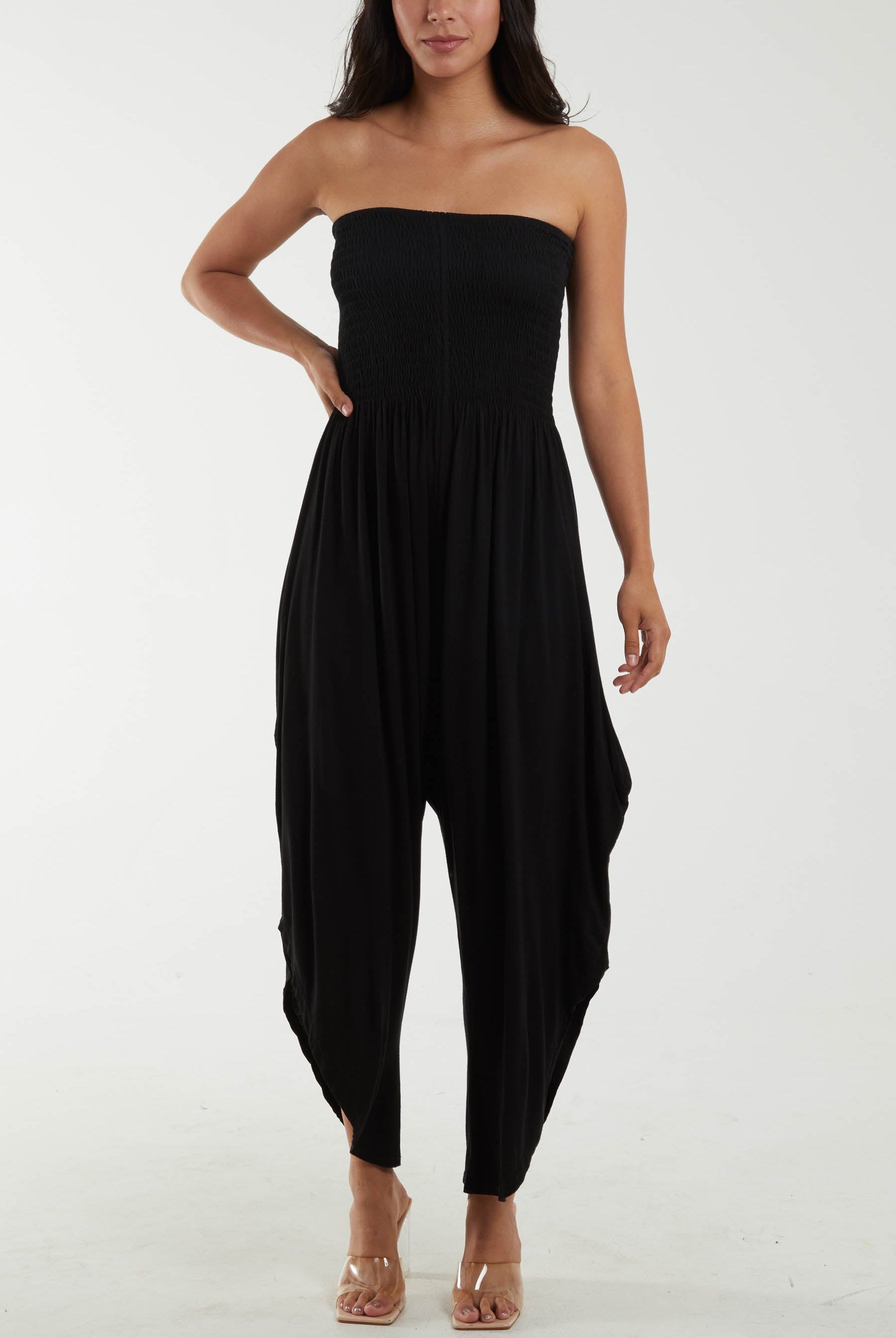 Shirred Top Asymmetric Hem Strapless Jumpsuit Dresses WearAll Black One Size