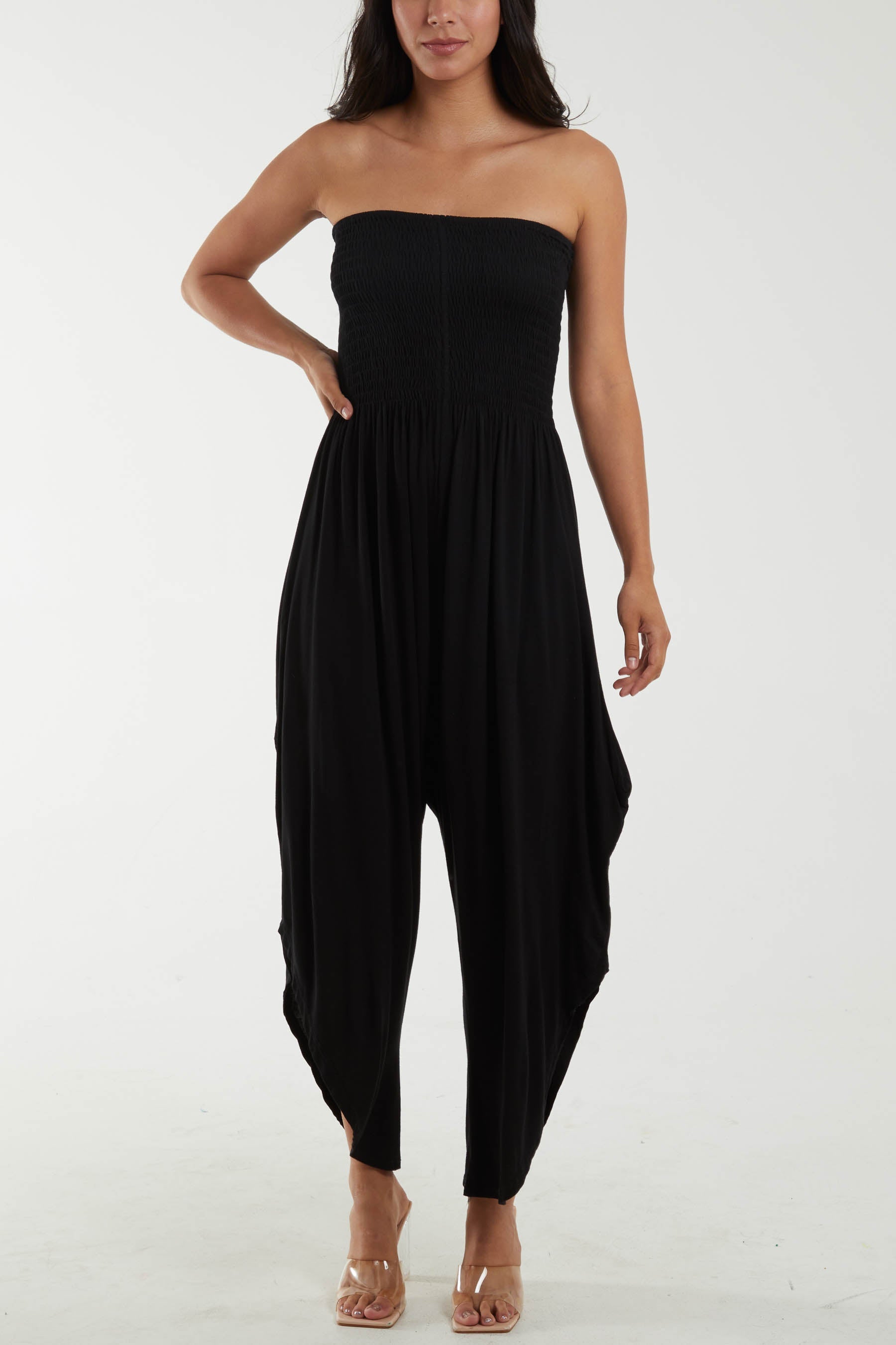 Shirred Top Asymmetric Hem Strapless Jumpsuit Dresses WearAll Black One Size
