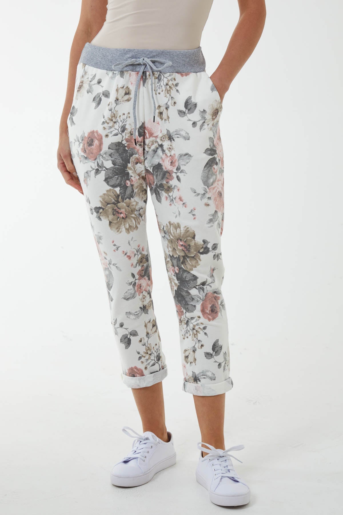 Peony Flower Contrast Waist Trousers Trousers WearAll White One Size