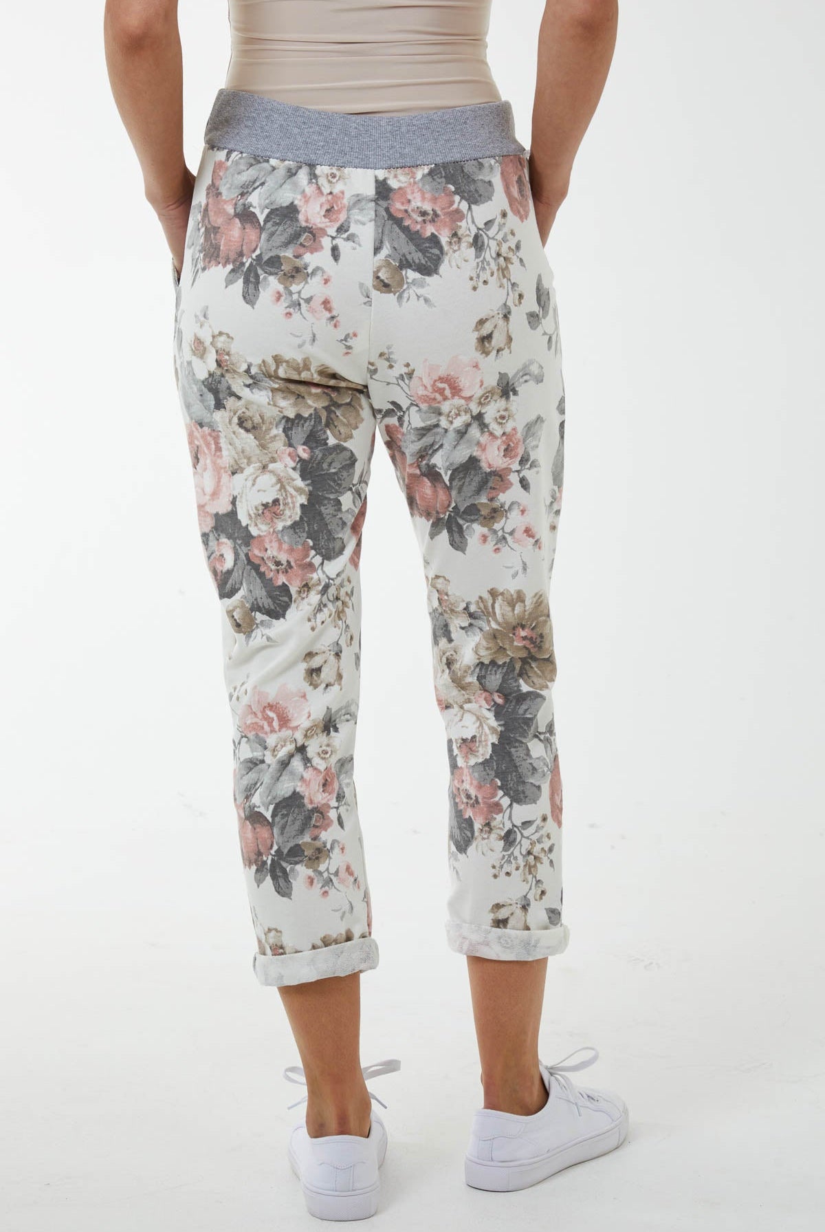 Peony Flower Contrast Waist Trousers Trousers WearAll