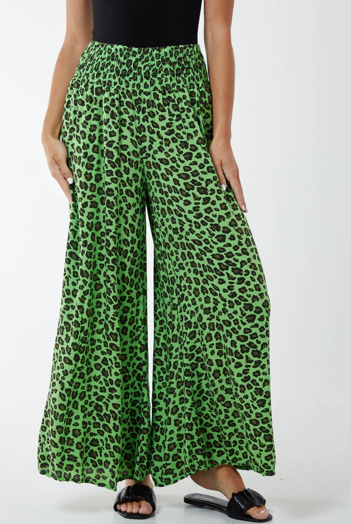 Leopard Print Ruched Waist Wide Leg Trousers TRS1 WearAll