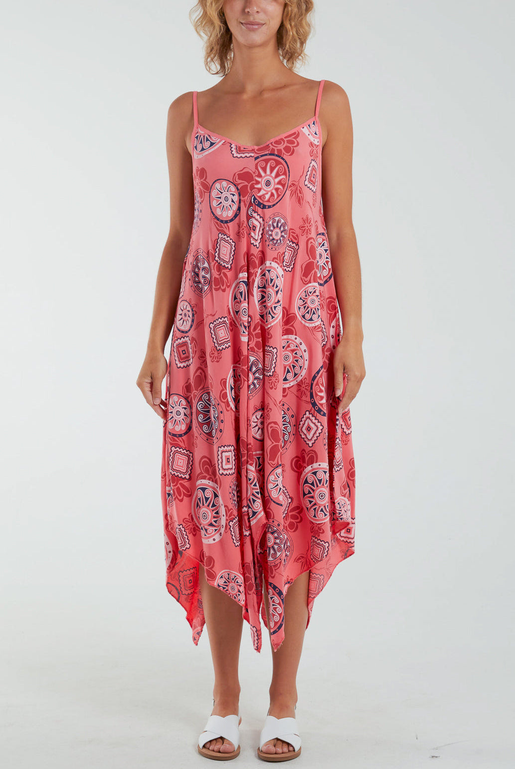 Geometric Tribal Hanky Hem Cami Dress Dresses WearAll Coral One Size