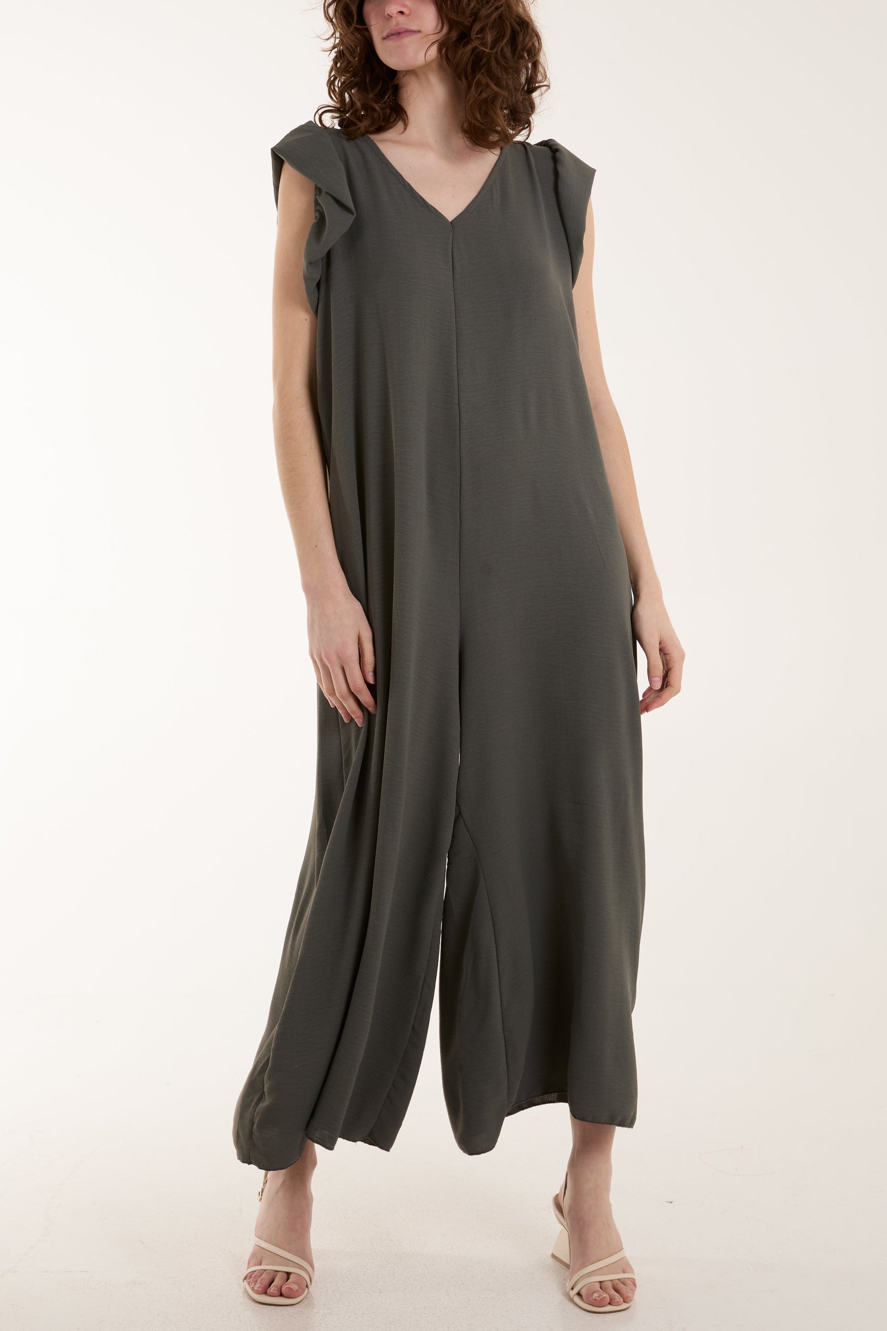 Ruffle Sleeve Wide Leg Jumpsuit Jumpsuits WearAll Dark Grey One Size