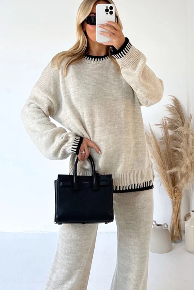 Loungewear Wavy Edge Round Neck Pullover & Wide Leg Pants Co-ord Loungewear WearAll