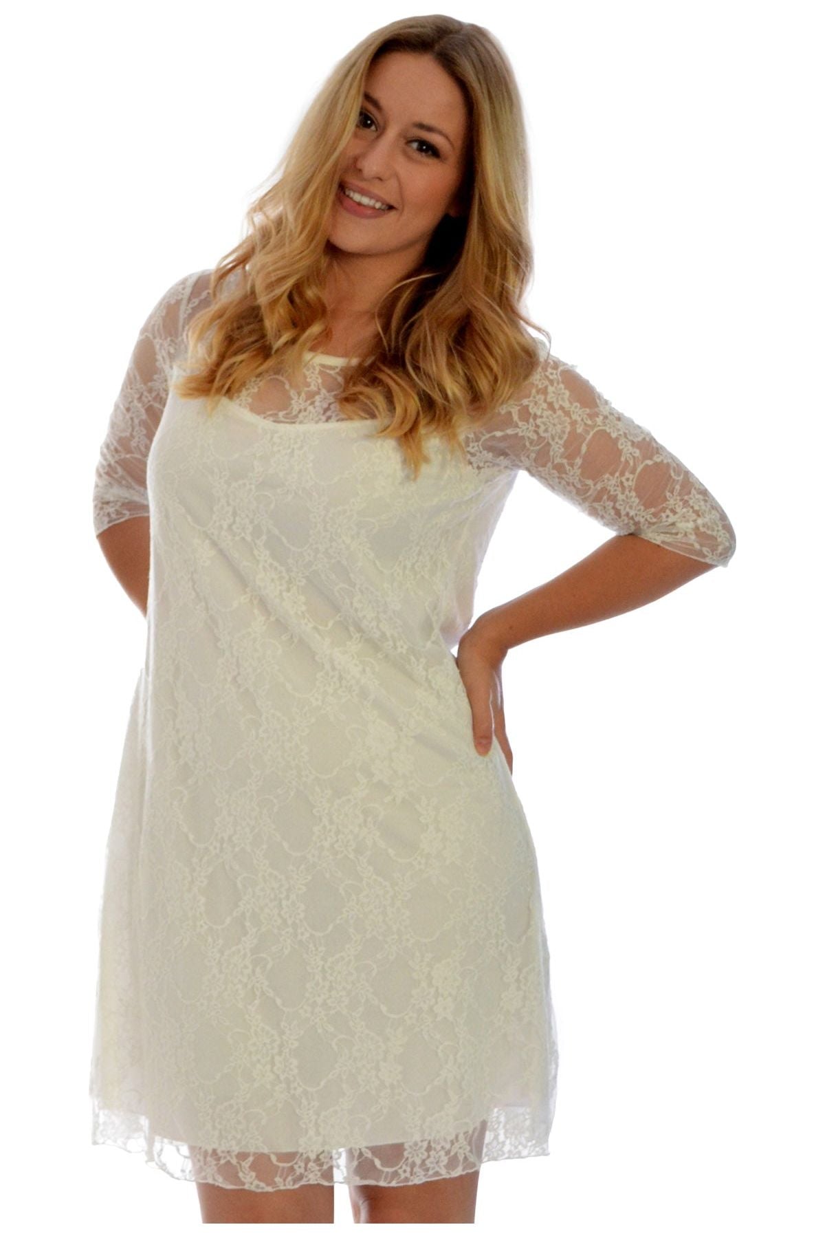 Lace Lined 3/4 Knee Length Dress Dress WearAll Cream 14