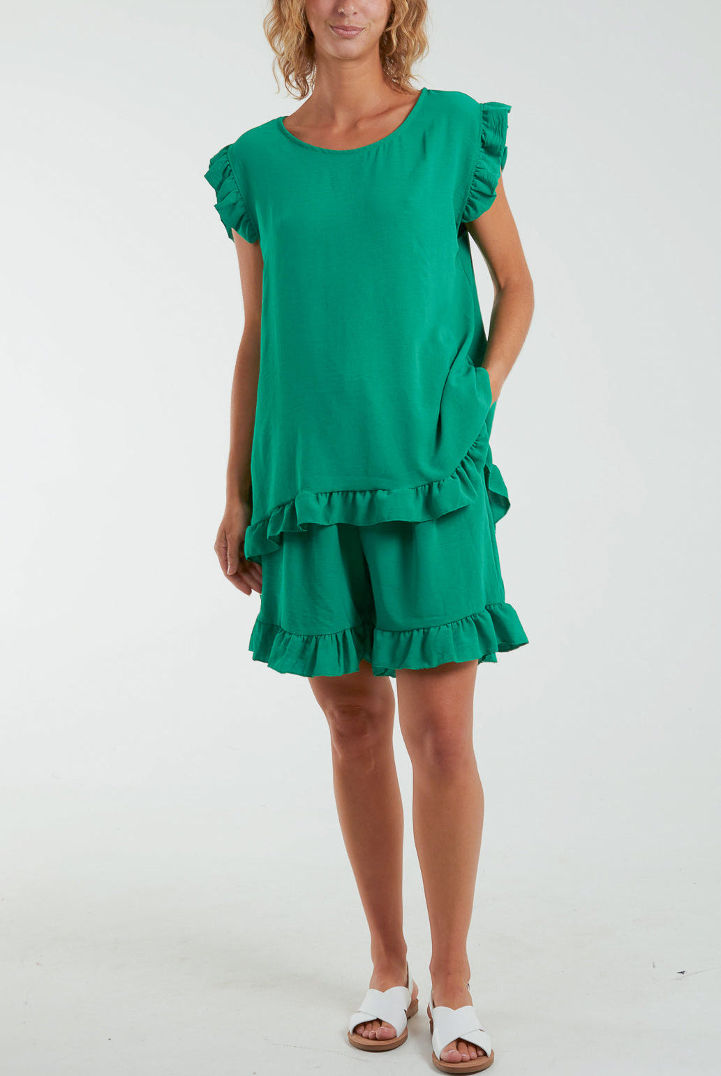 Frill Sleeve Back Button Top & Shorts Co-Ord Set Co-Ords WearAll Jade One Size