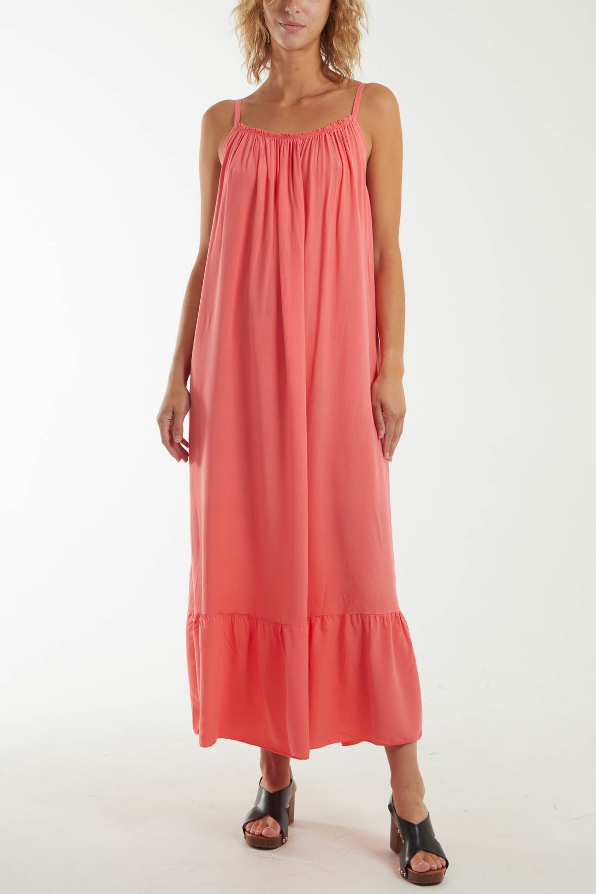 Cami Strap Relaxed Tiered Maxi Dress DMF2 WearAll Coral One Size