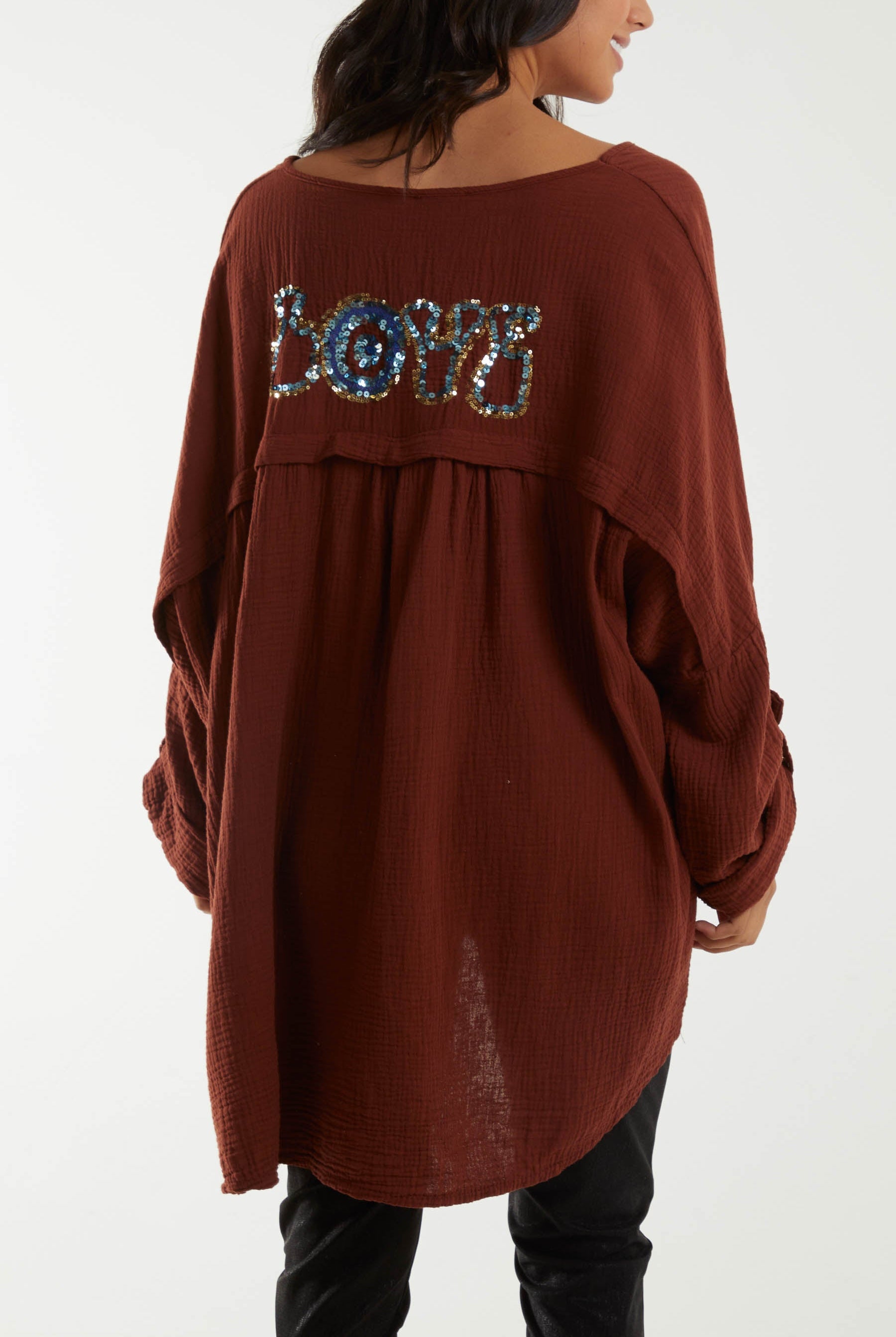 Oversized Cheesecloth Sequin "Love" Blouse Blouses WearAll