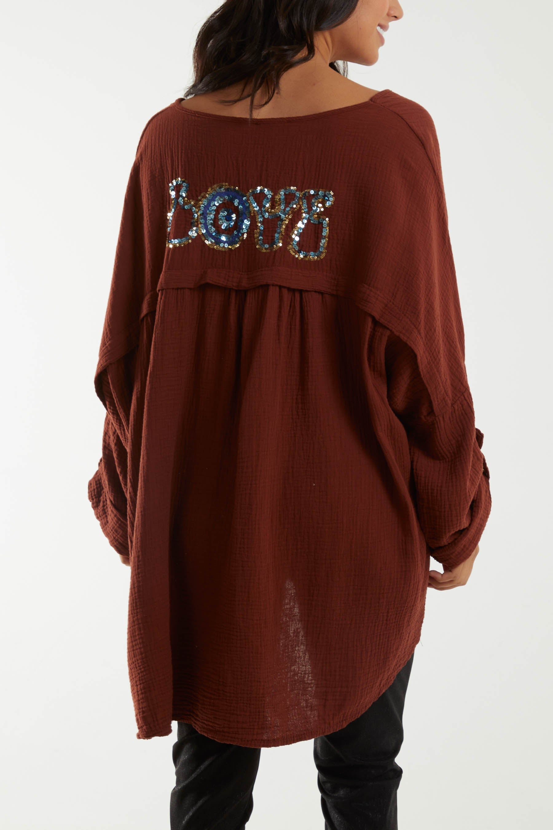 Oversized Cheesecloth Sequin "Love" Blouse Blouses WearAll