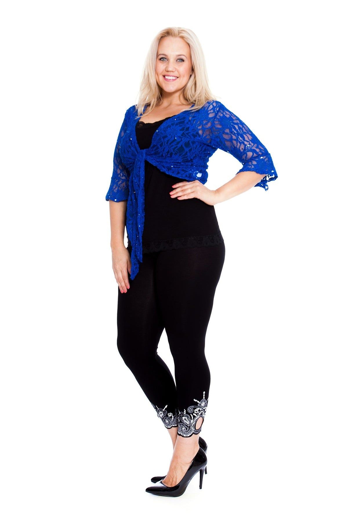 Sequin Lace Tie Up 3/4 Bell Sleeve Crochet Top Tops WearAll