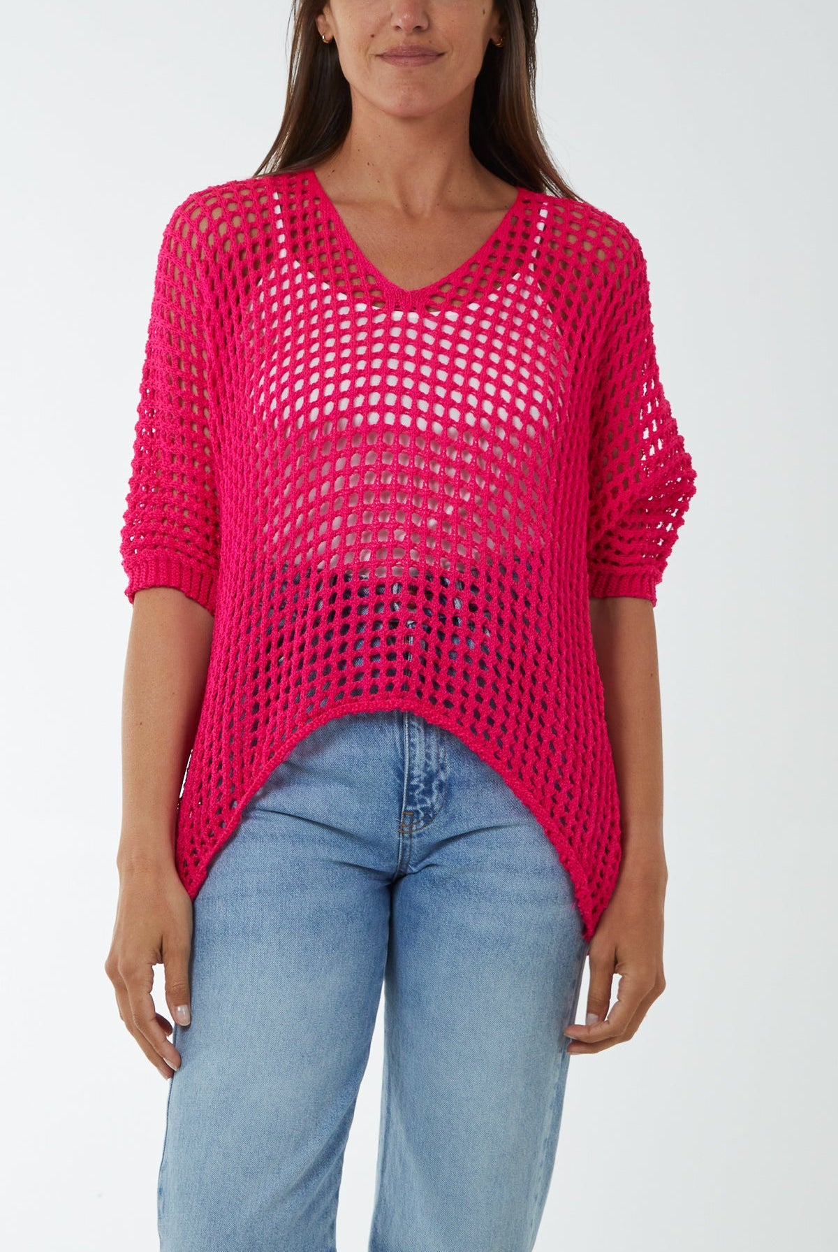 Round Neck Short Sleeve Crochet Top Tops WearAll Fuchsia One Size