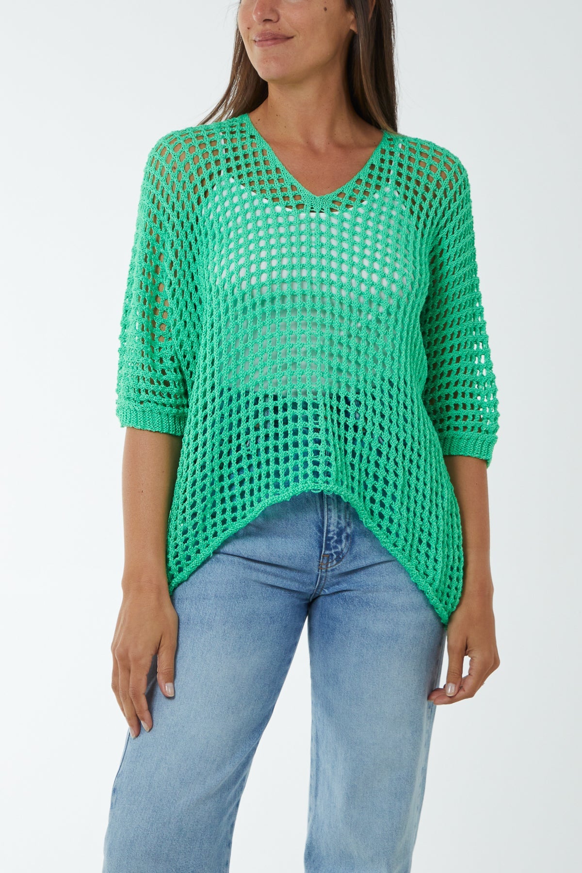 Round Neck Short Sleeve Crochet Top Tops WearAll Jade One Size