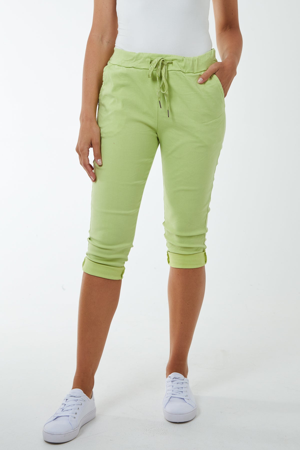 Glitter Drawstring Pocket Capri Trousers Trousers WearAll Lime One Size