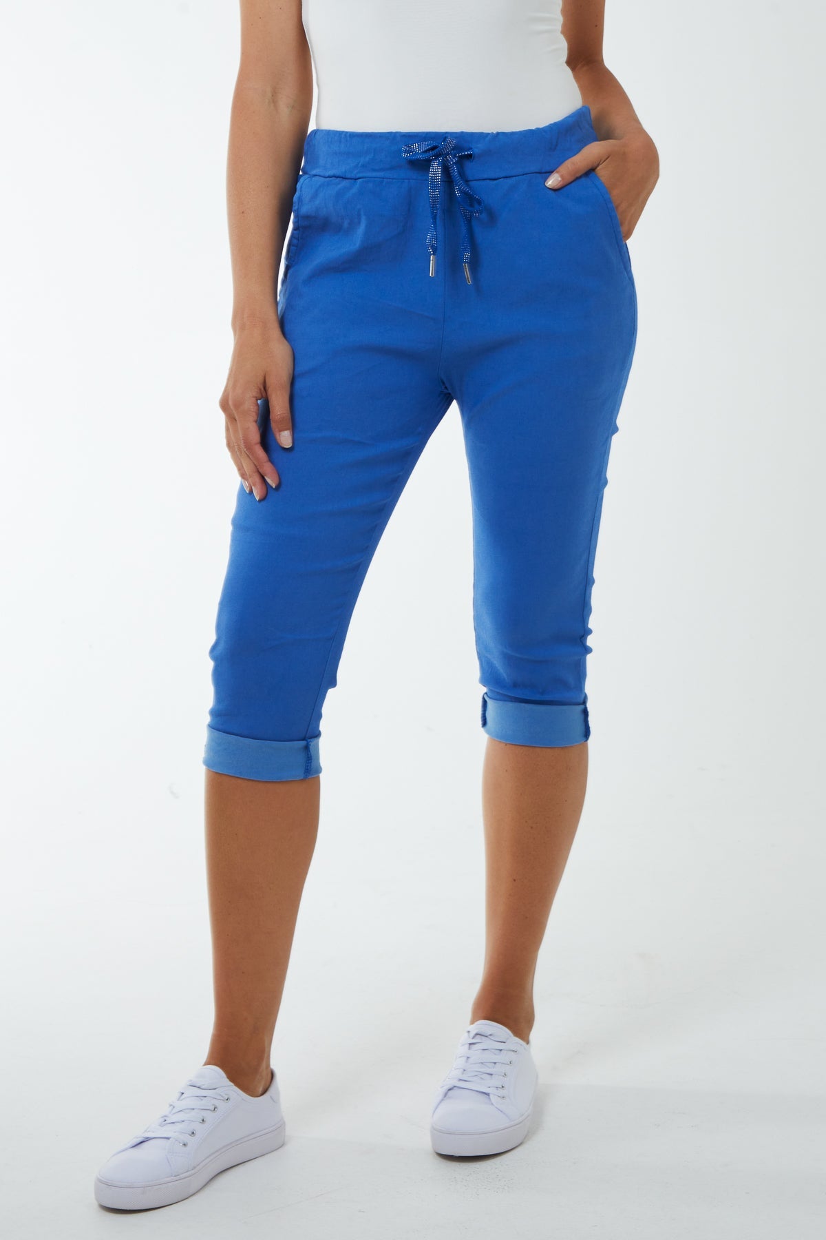 Glitter Drawstring Pocket Capri Trousers Trousers WearAll Royal Blue One Size