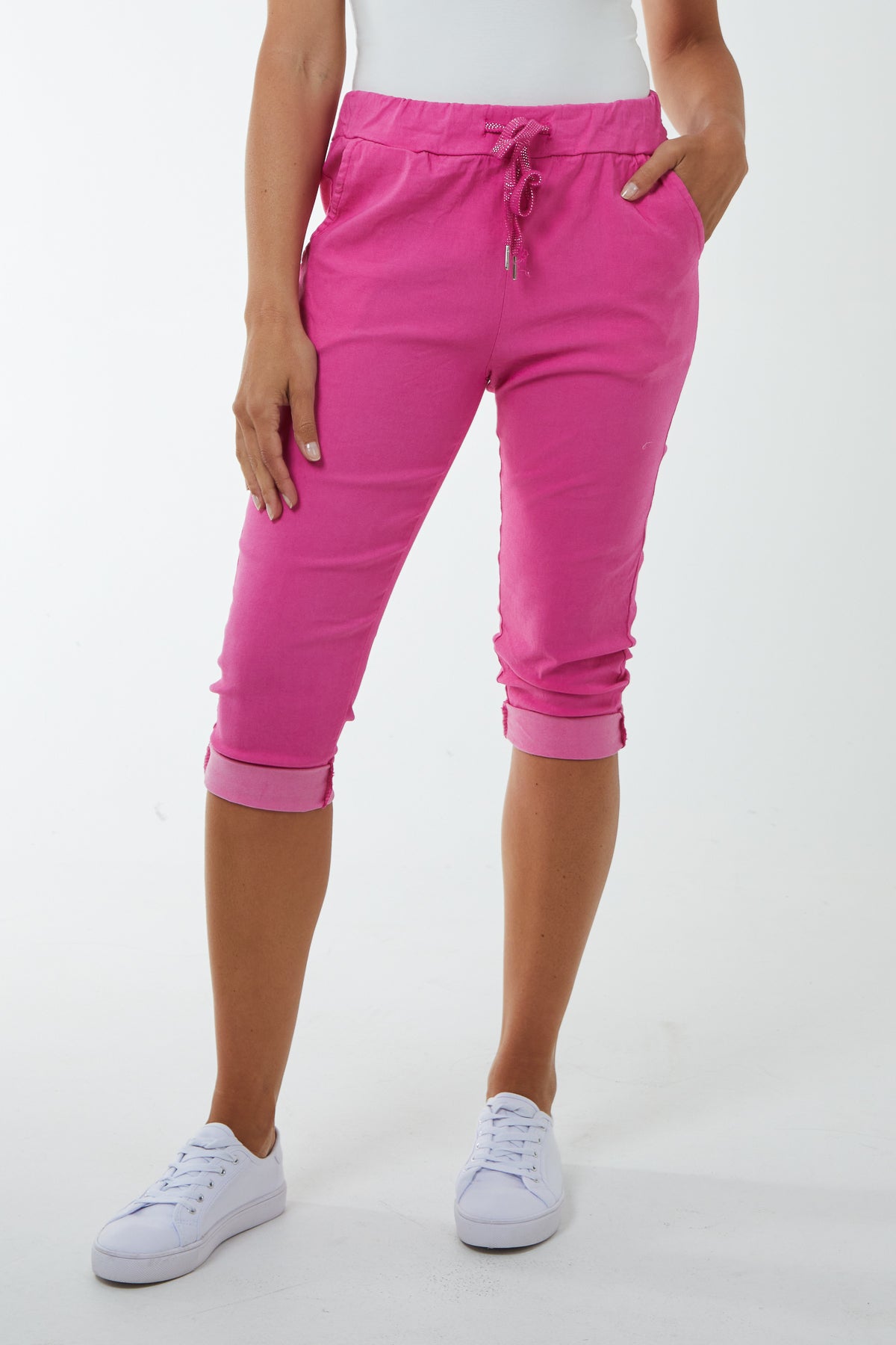 Glitter Drawstring Pocket Capri Trousers Trousers WearAll Fuchsia One Size