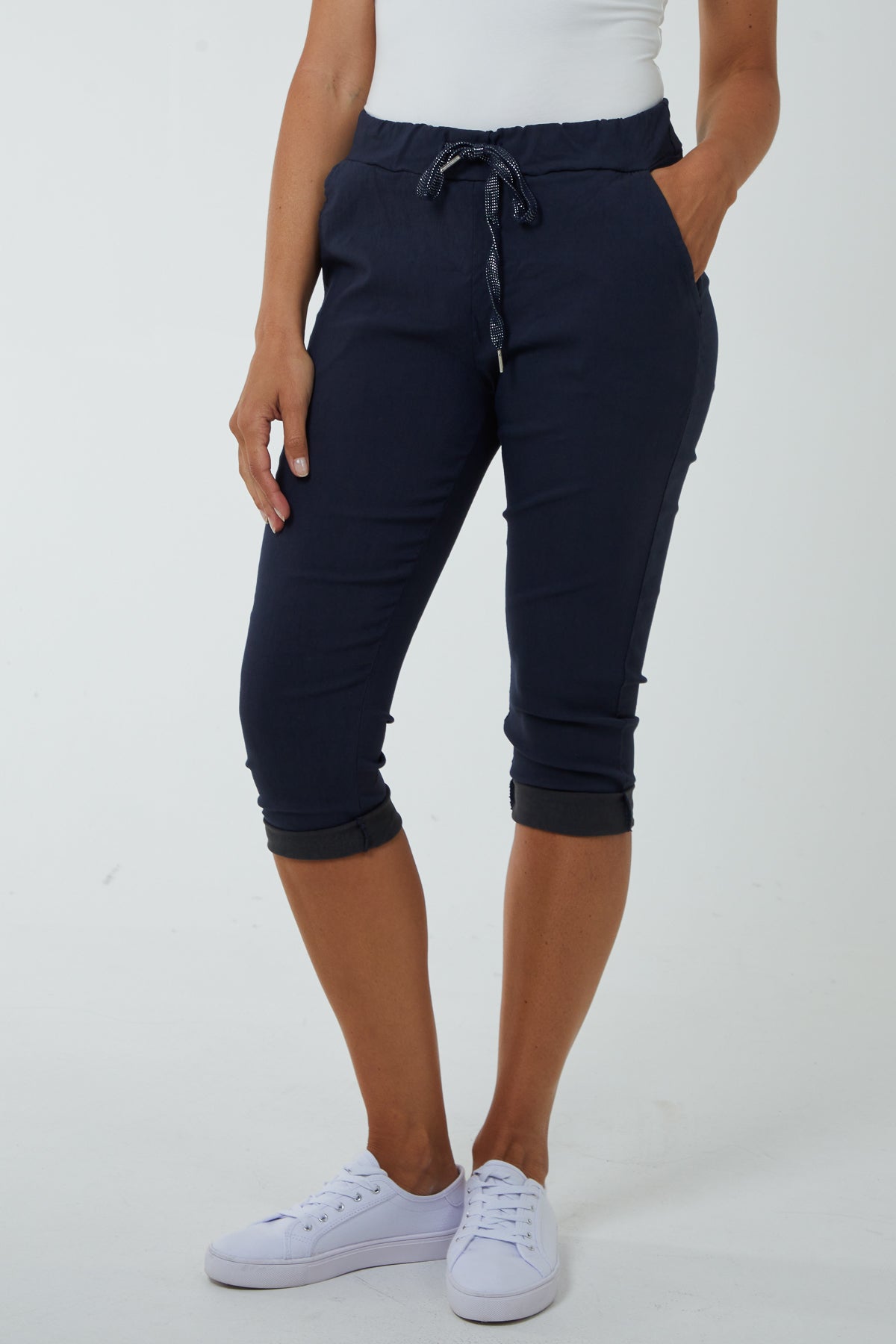 Glitter Drawstring Pocket Capri Trousers Trousers WearAll Navy One Size