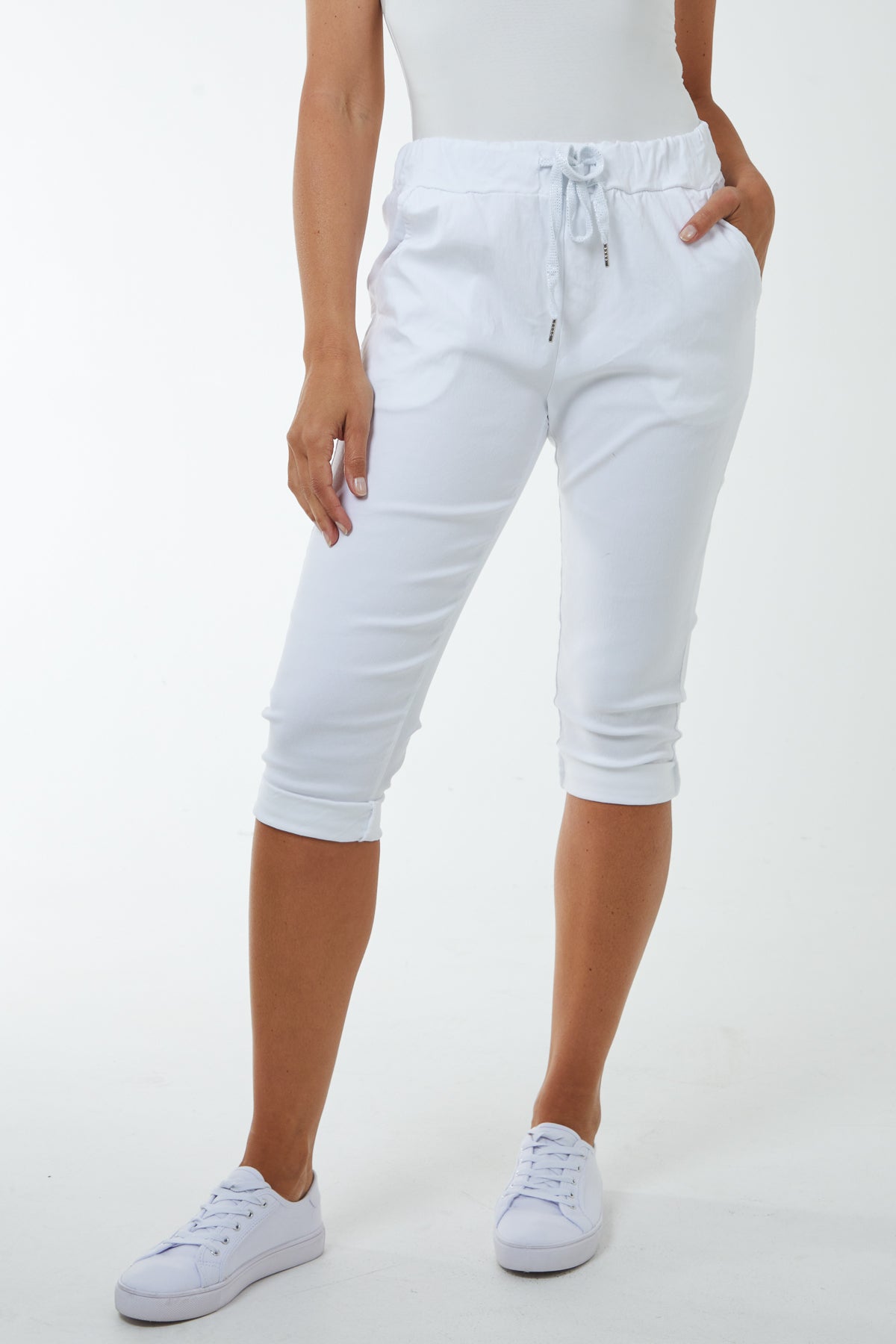 Glitter Drawstring Pocket Capri Trousers Trousers WearAll White One Size