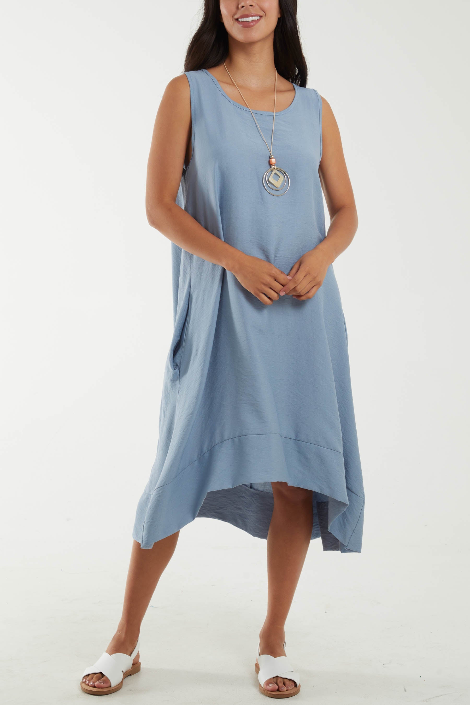 Round Neck Sleeveless Dress with Necklace Dresses WearAll Light Blue One Size