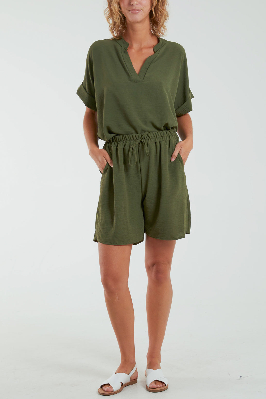 V-Neck Top and Shorts Co-Ord Set Co-Ords WearAll Khaki One Size