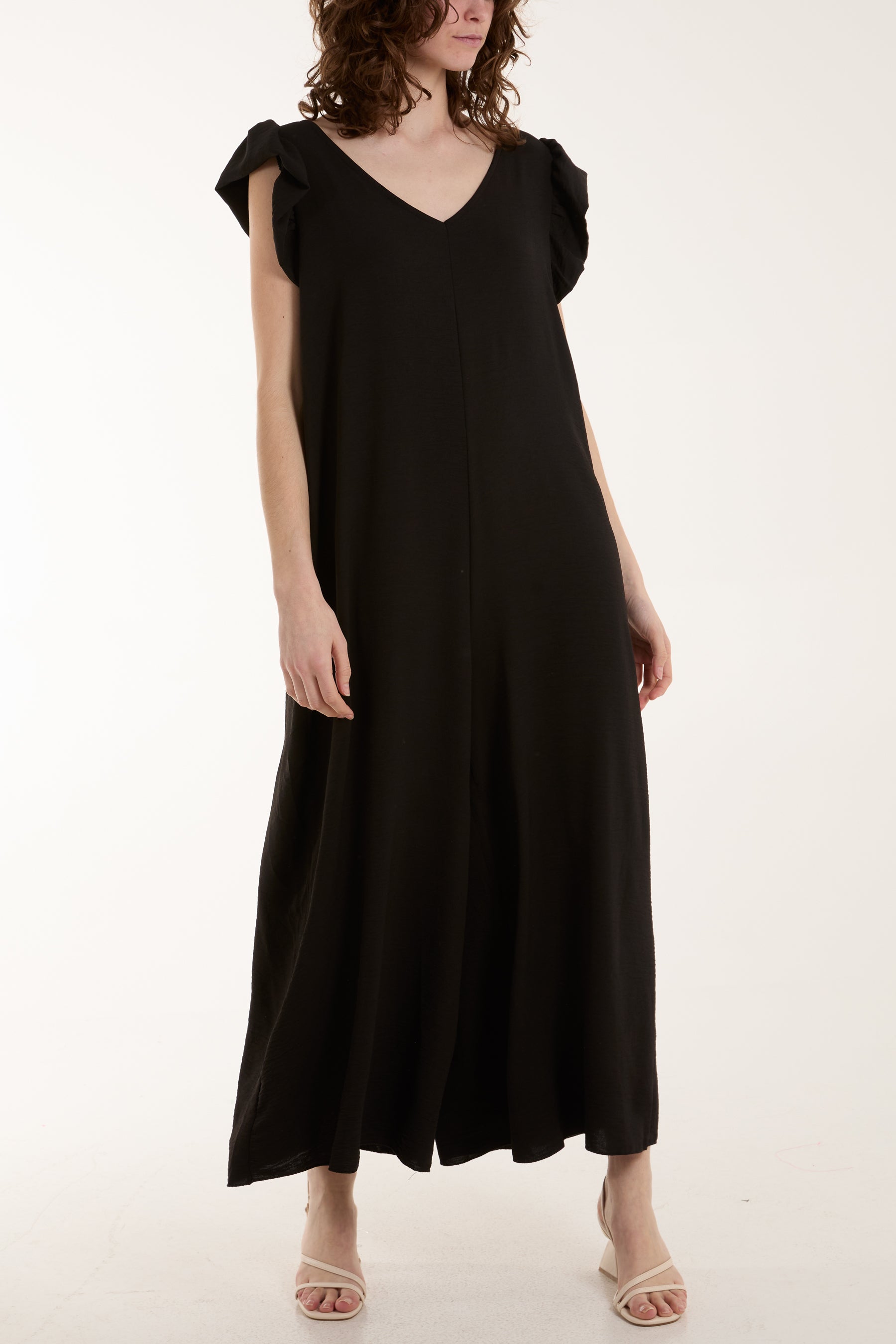 Ruffle Sleeve Wide Leg Jumpsuit Jumpsuits WearAll Black One Size