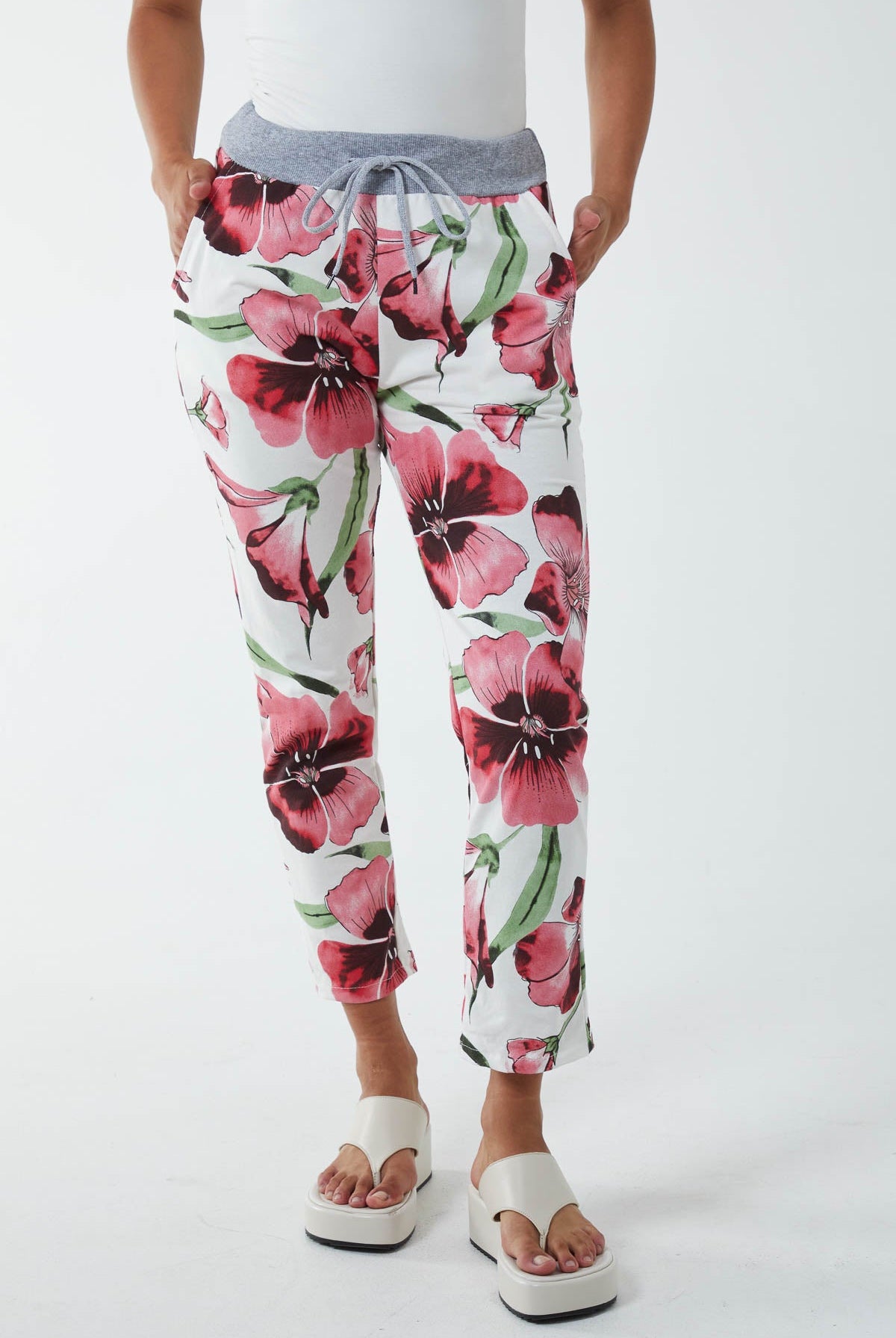 Hawaiian Flower Contrast Waist Trousers Trousers WearAll Coral One Size