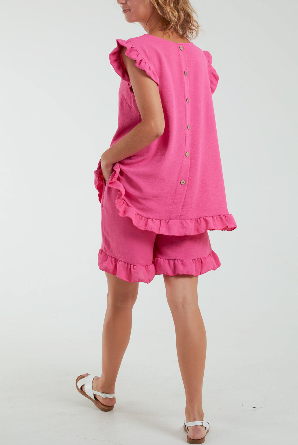 Frill Sleeve Back Button Top & Shorts Co-Ord Set Co-Ords WearAll