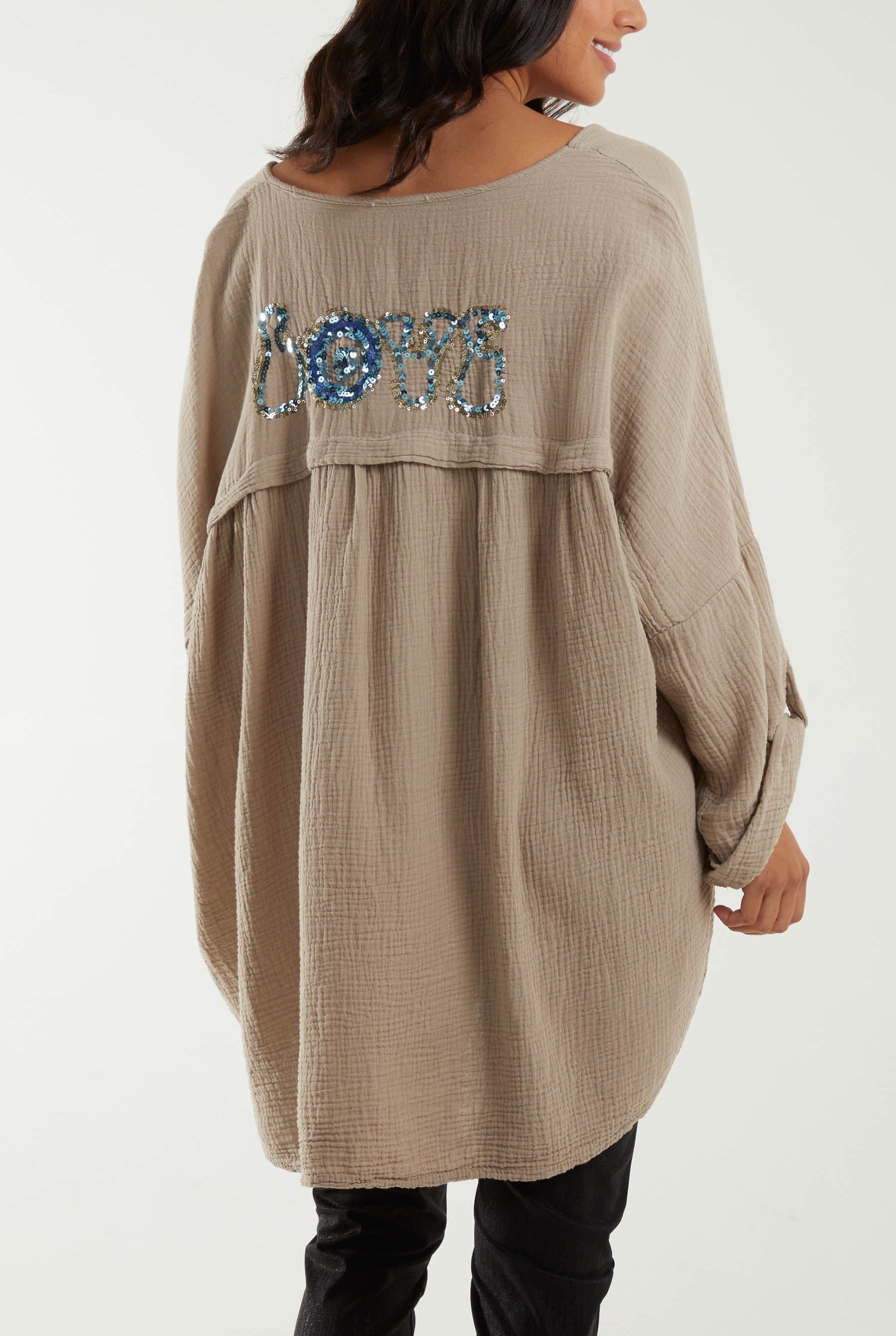 Oversized Cheesecloth Sequin "Love" Blouse Blouses WearAll