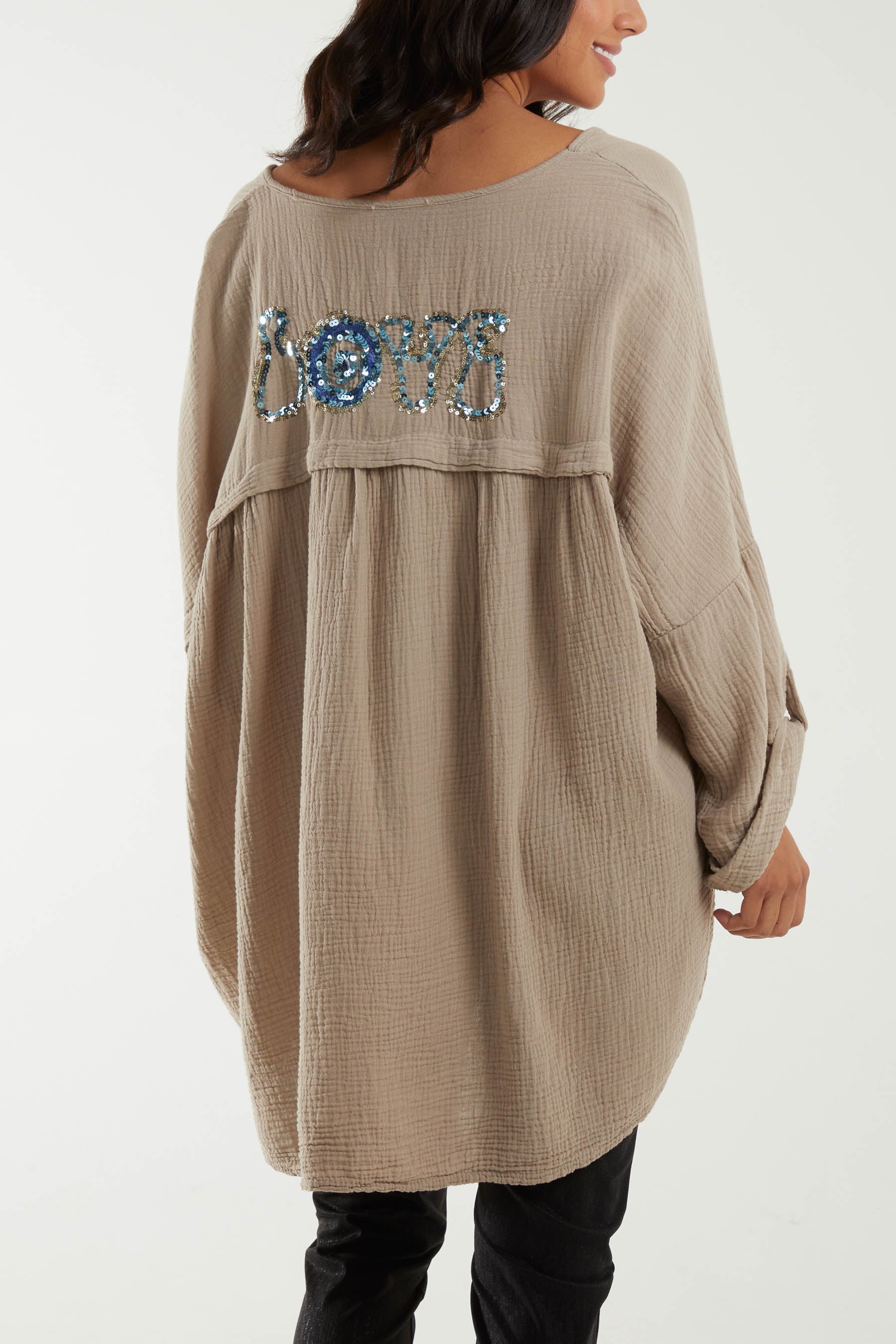 Oversized Cheesecloth Sequin "Love" Blouse Blouses WearAll