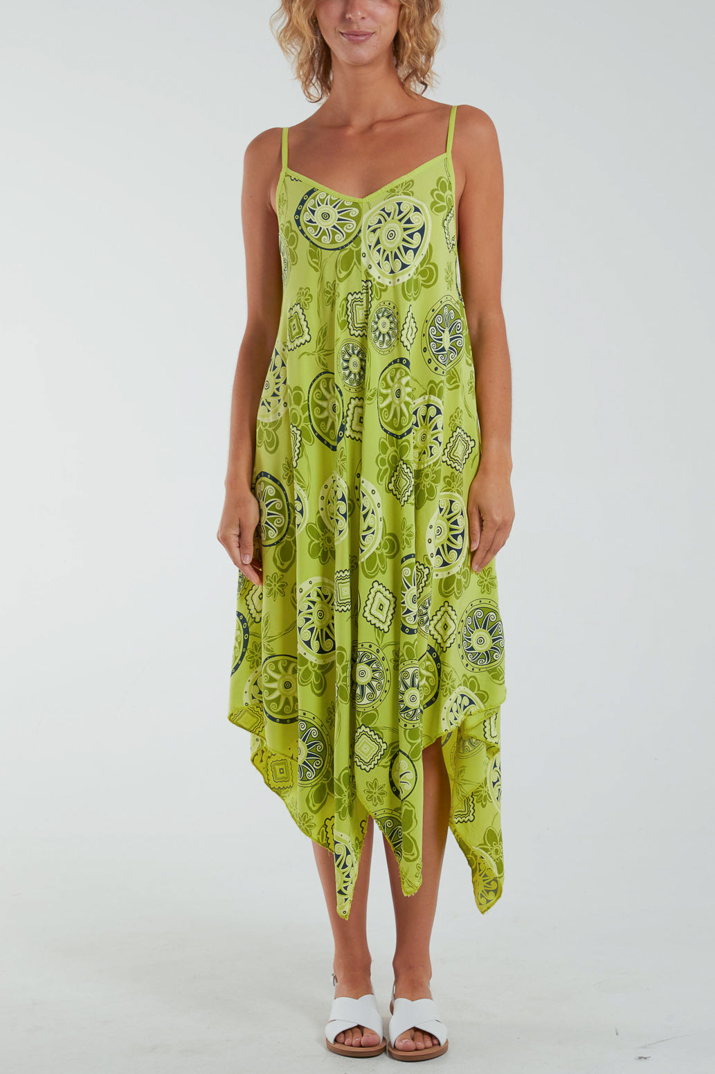 Geometric Tribal Hanky Hem Cami Dress Dresses WearAll Lime One Size