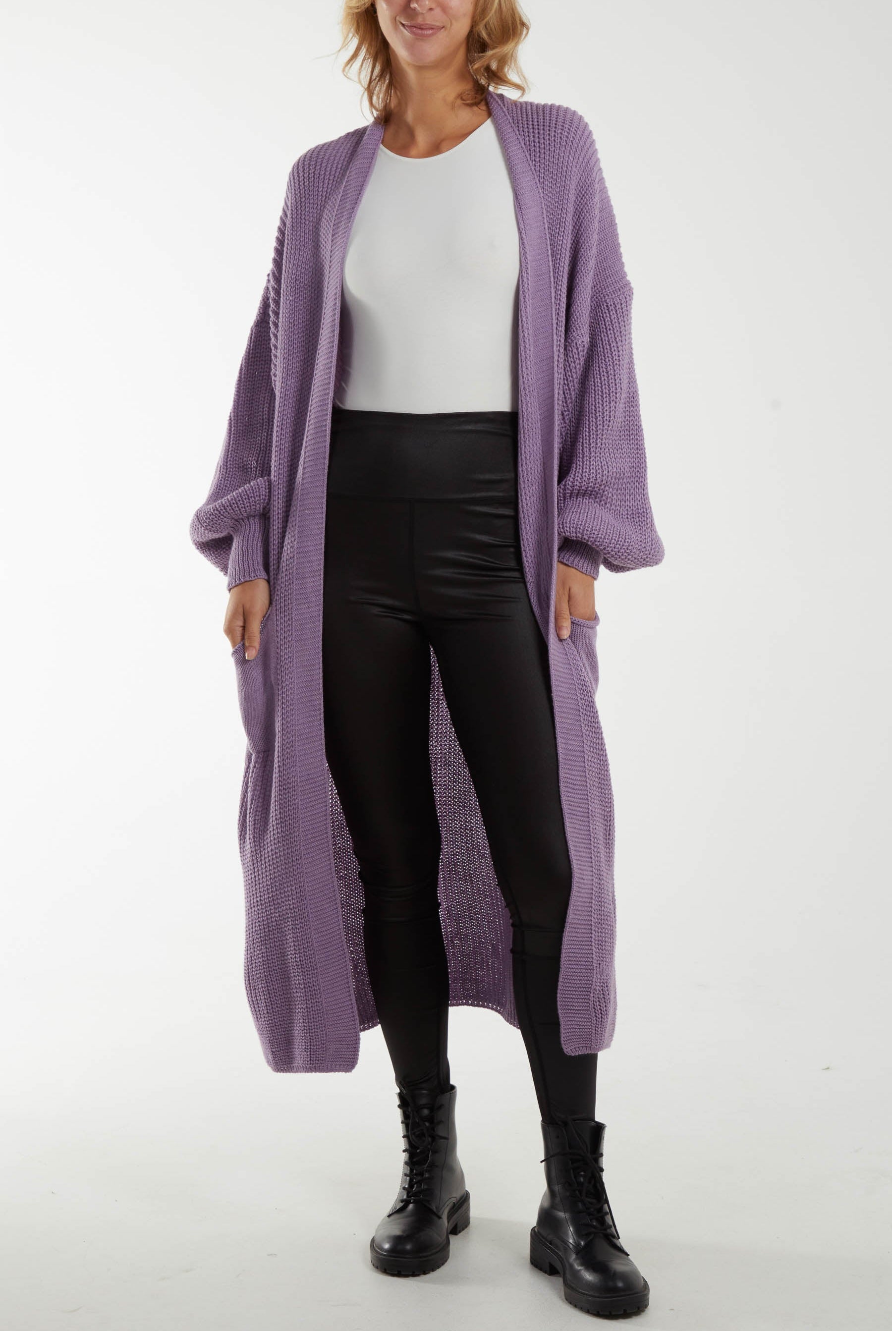 Chunky Knit Longline Cardigan Cardigans WearAll Lilac One Size