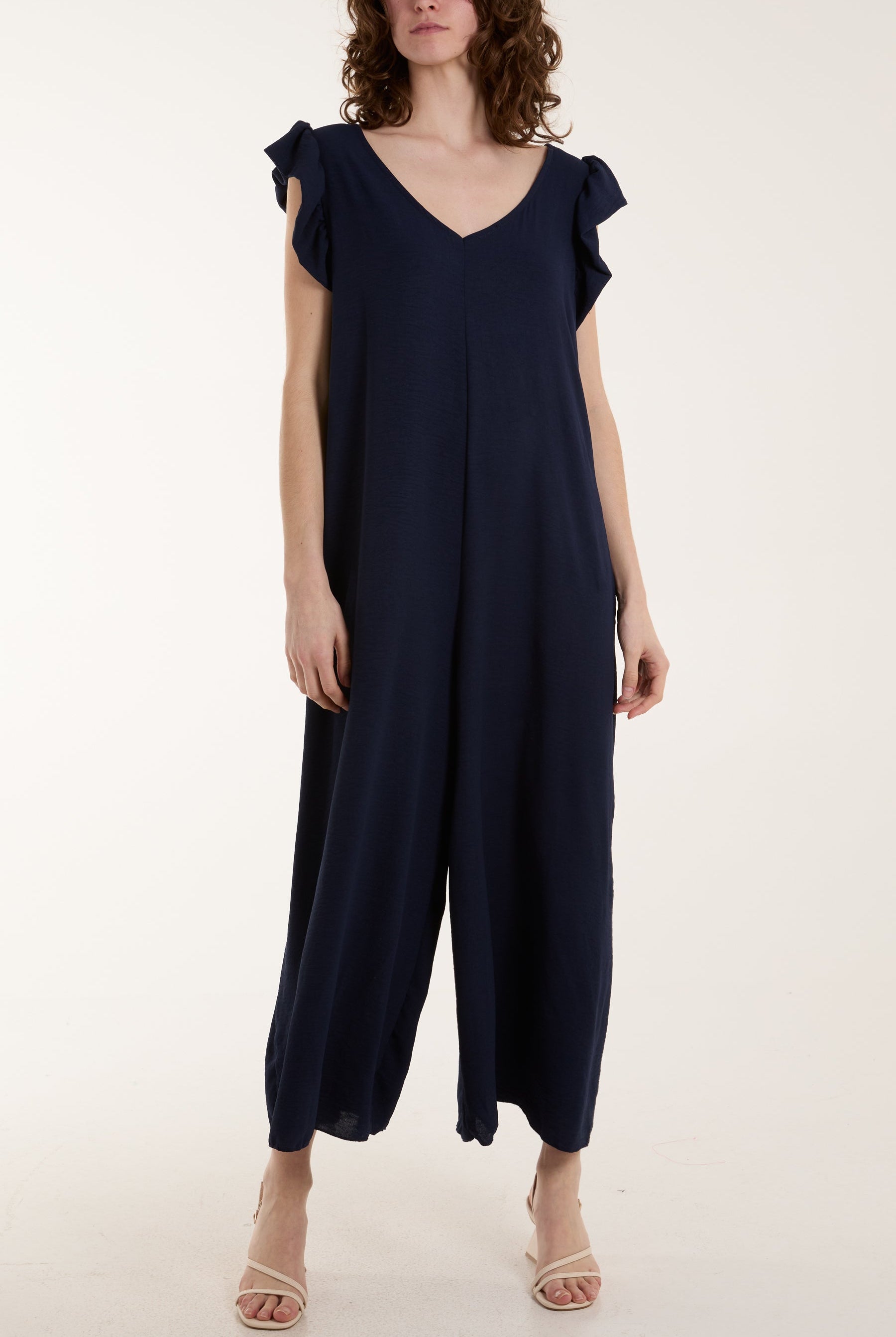 Ruffle Sleeve Wide Leg Jumpsuit Jumpsuits WearAll Navy One Size