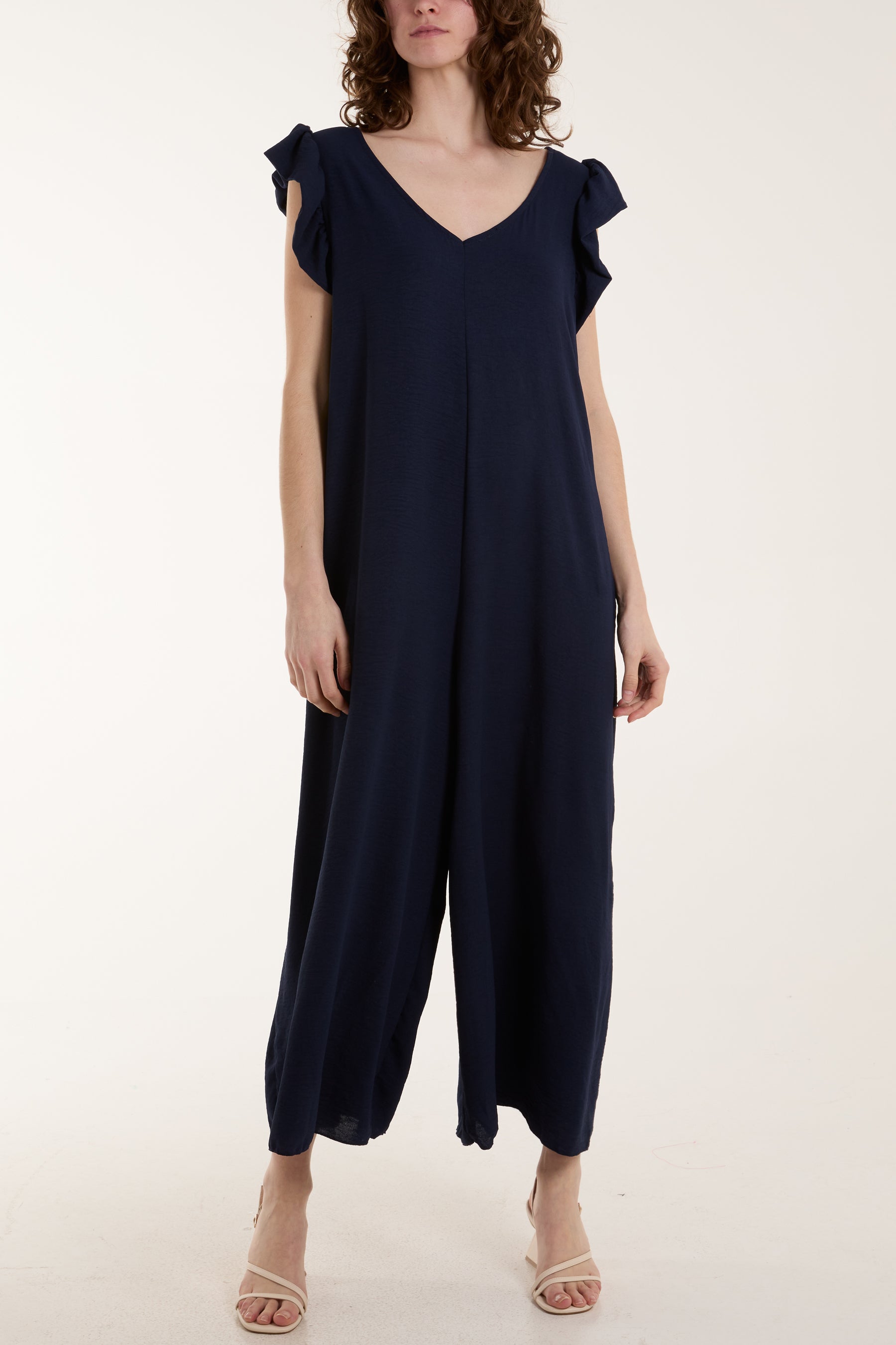 Ruffle Sleeve Wide Leg Jumpsuit Jumpsuits WearAll Navy One Size