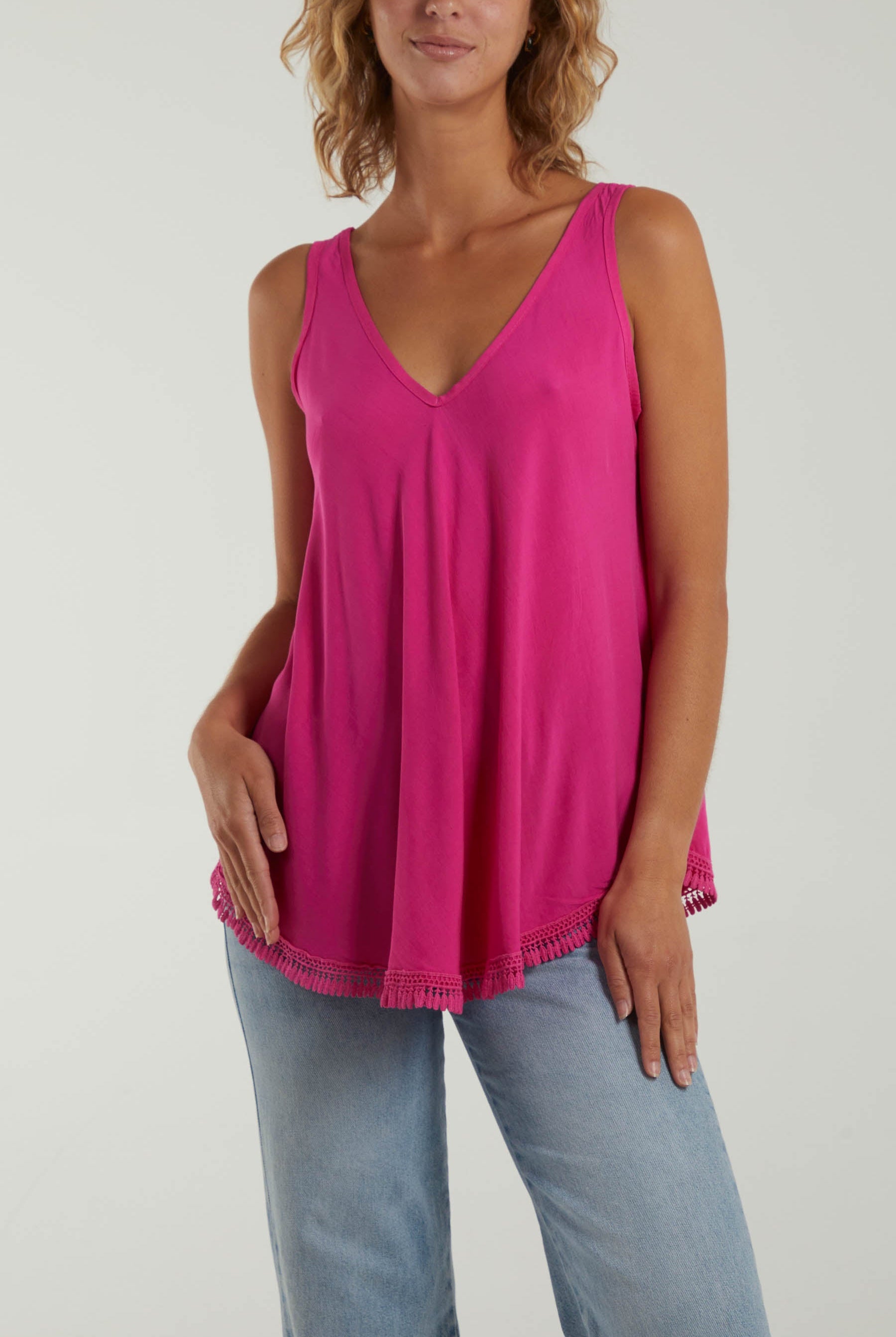 Tassel Hem V-Neck Vest Tops WearAll Fuchsia One Size
