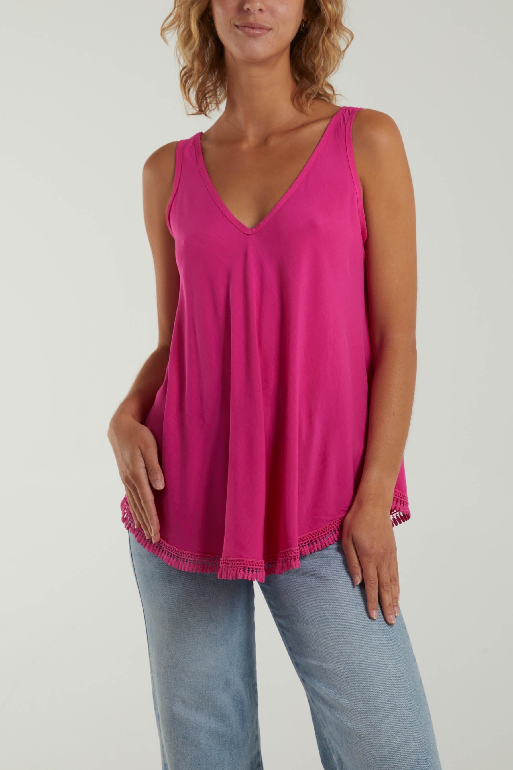 Tassel Hem V-Neck Vest Tops WearAll Fuchsia One Size
