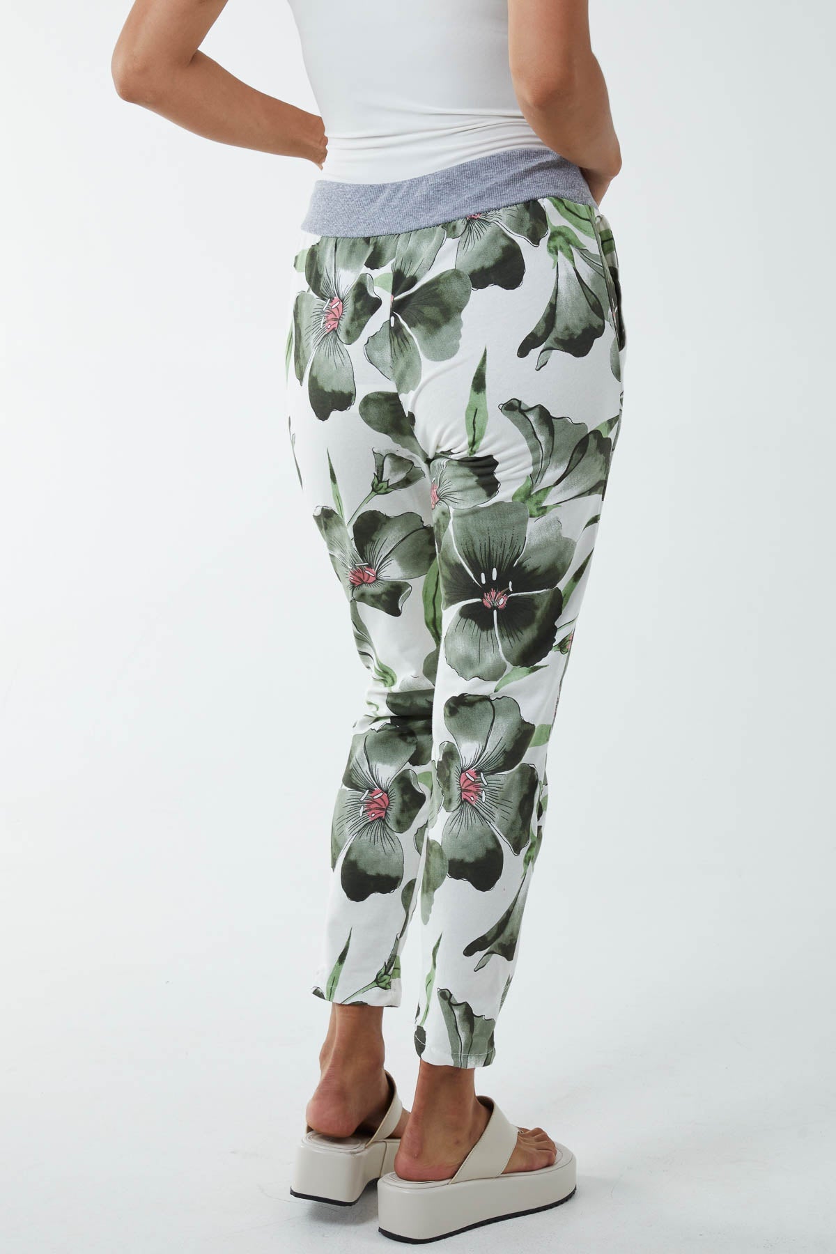 Hawaiian Flower Contrast Waist Trousers Trousers WearAll