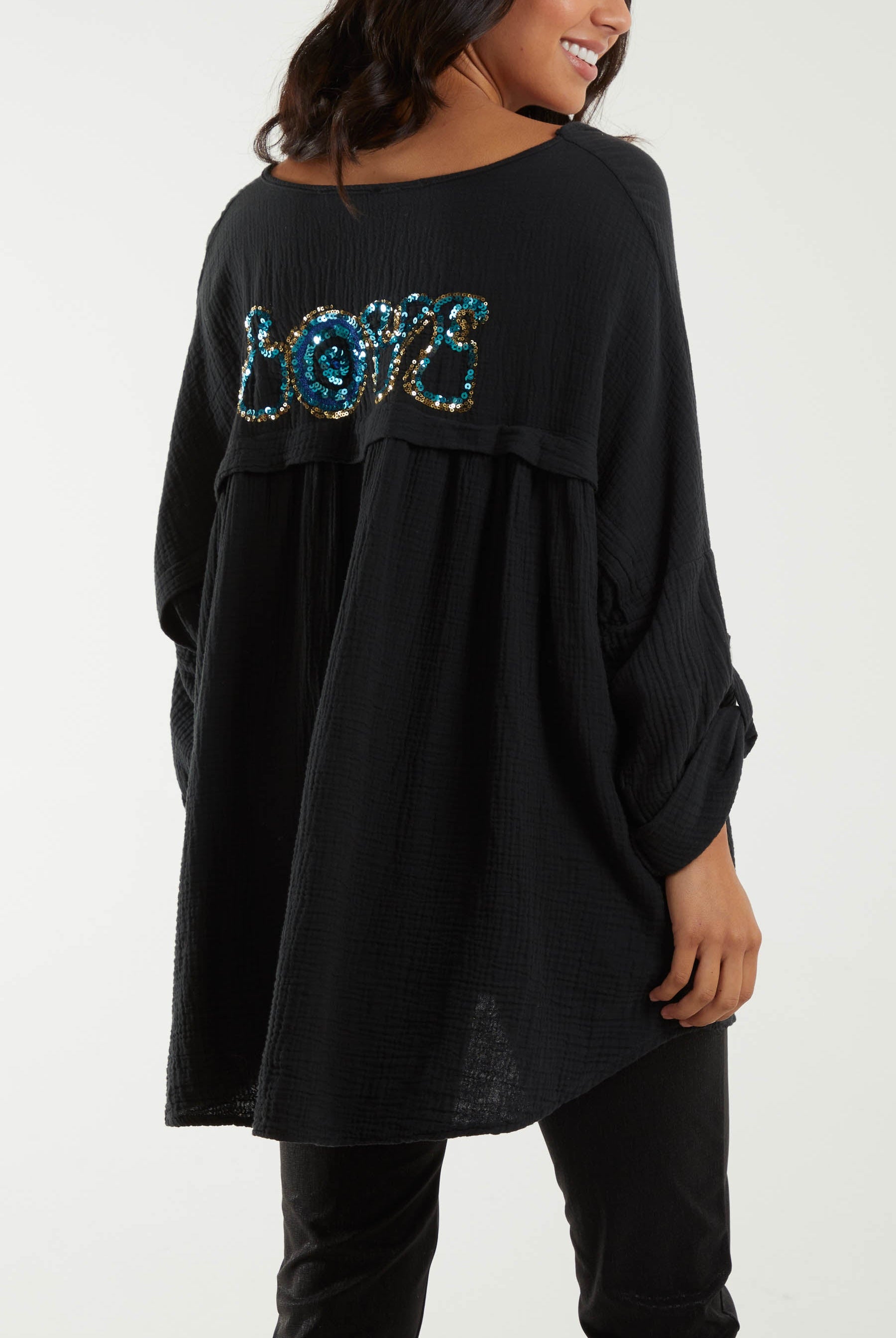 Oversized Cheesecloth Sequin "Love" Blouse Blouses WearAll