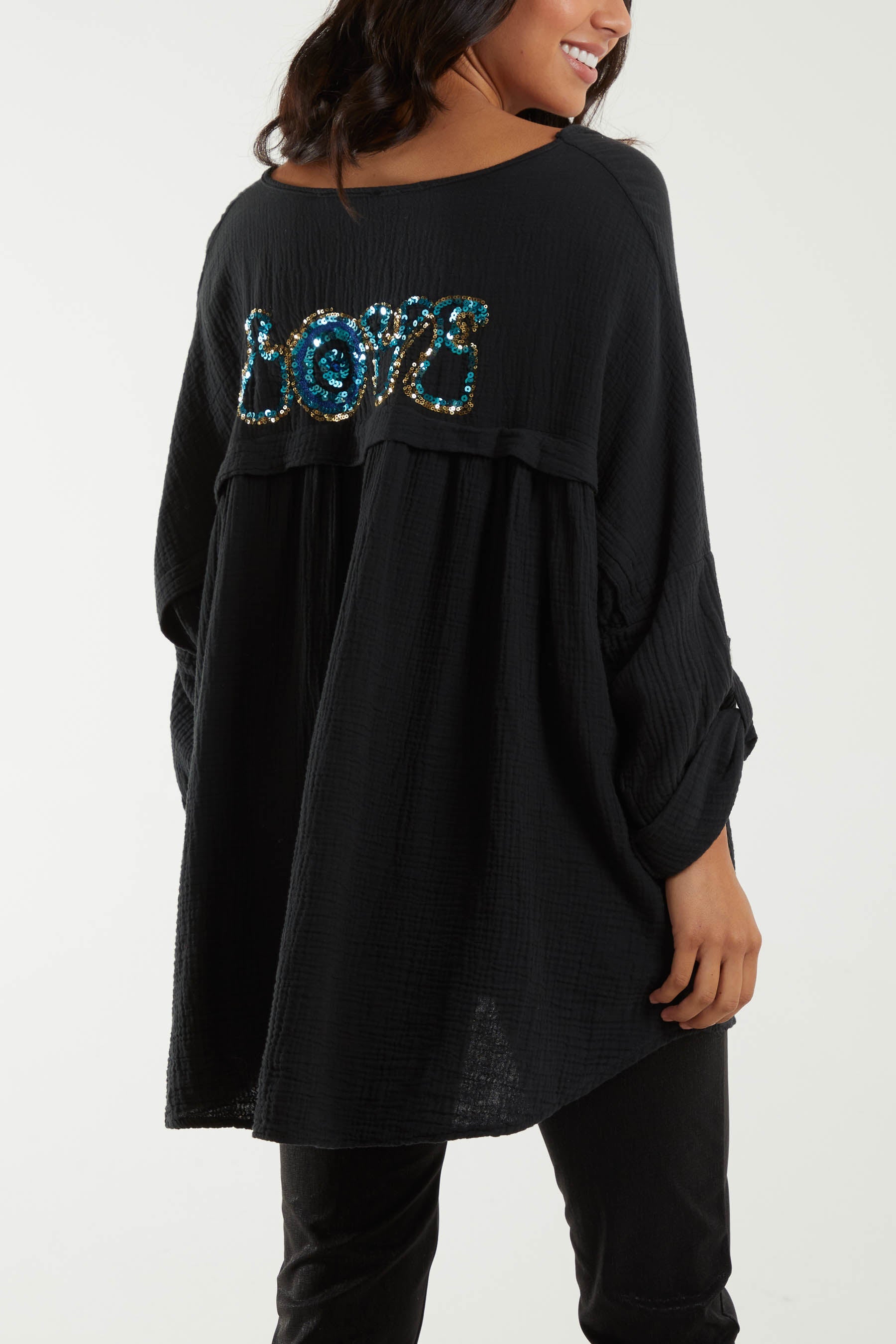 Oversized Cheesecloth Sequin "Love" Blouse Blouses WearAll