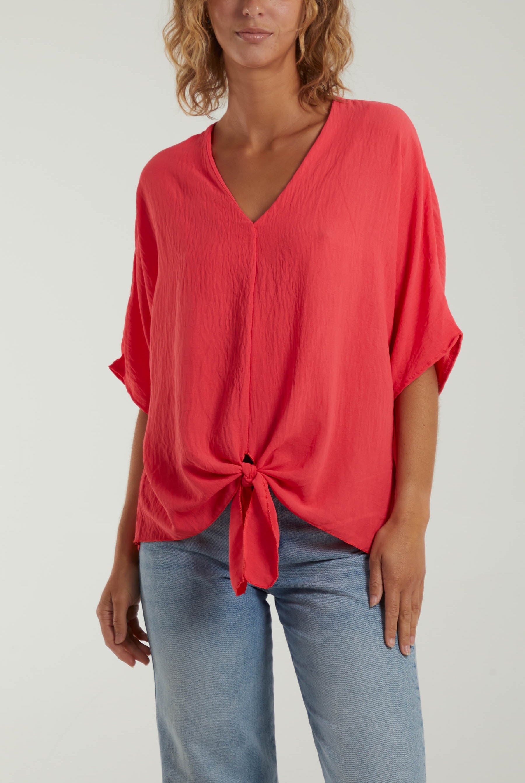 V-Neck Centre Front Tie Hem Blouse TOPMF2 WearAll Coral One Size